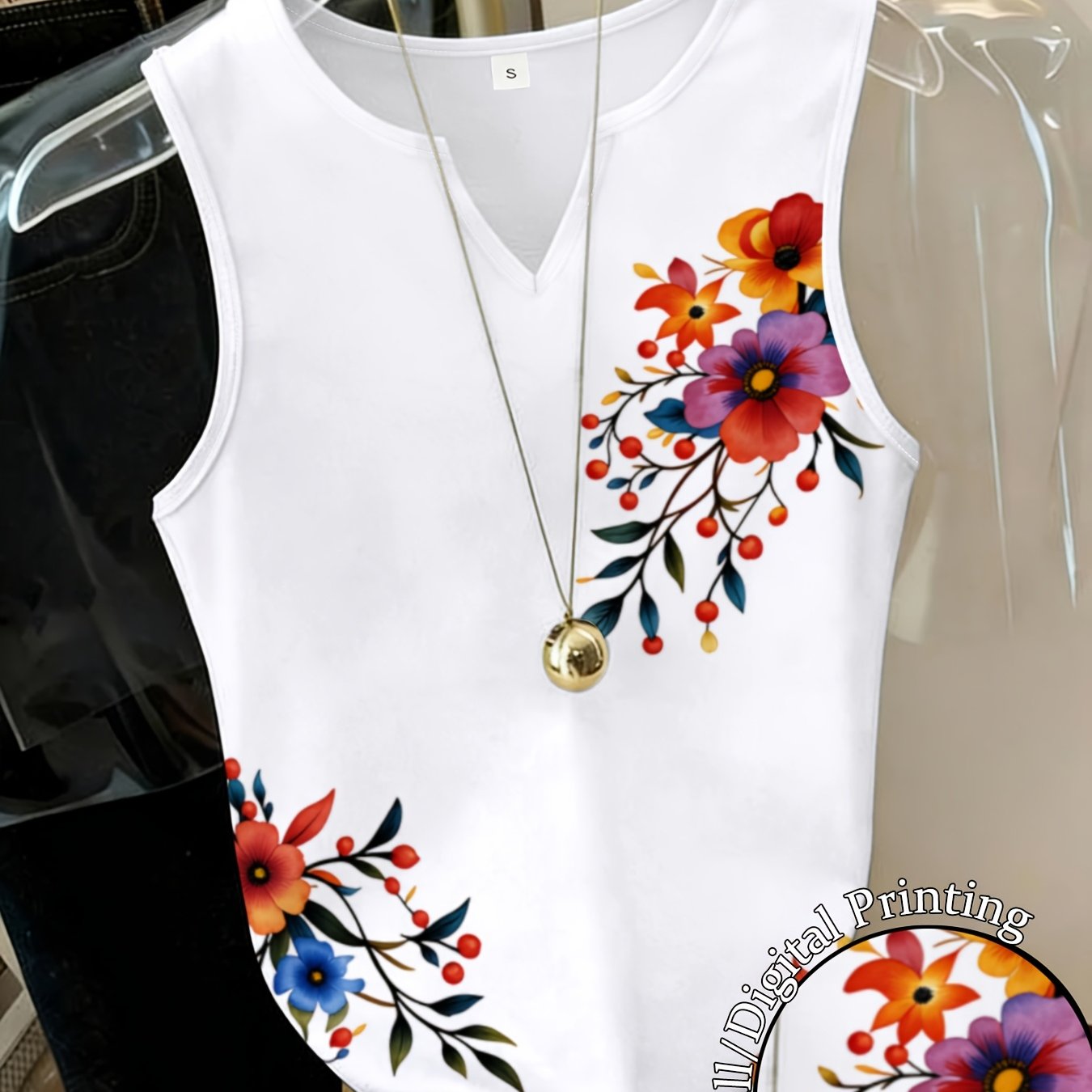 TEMU Women's Summer New Floral Print Sleeveless Top Fashionable All-match And Casual Loose V-neckline Vest Daily Wear Wear Holiday Vacation Essential