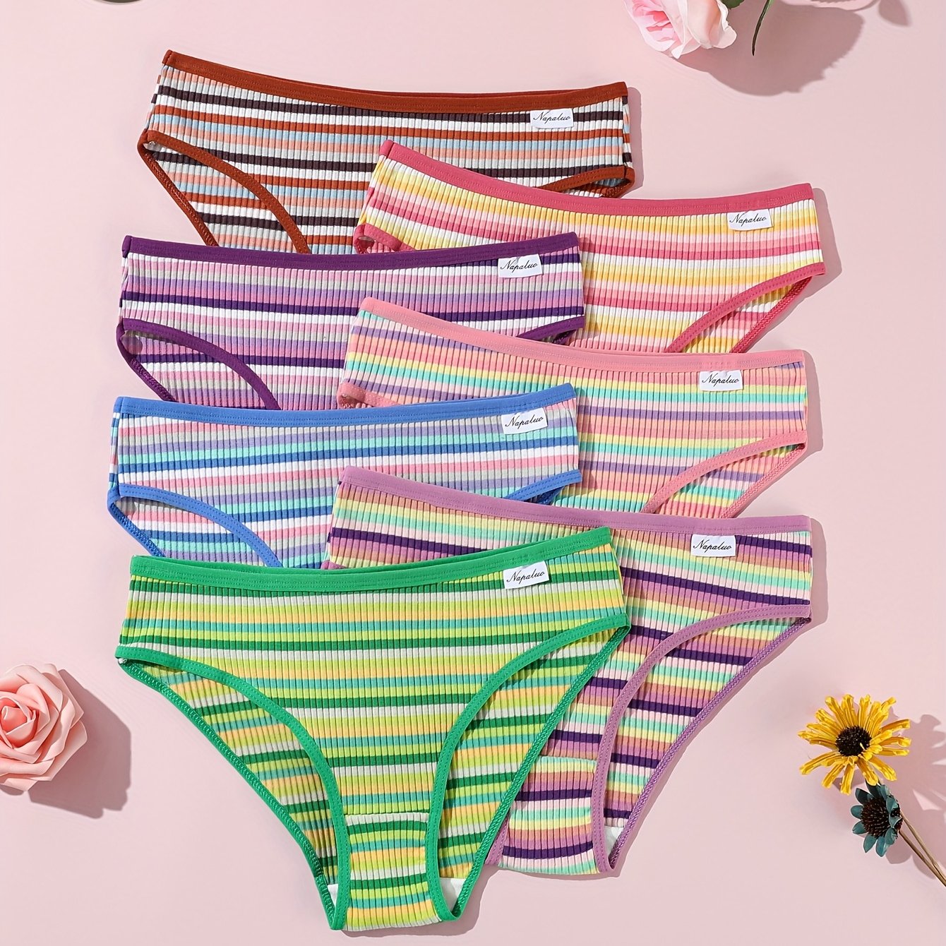 7pcs Pack Women's Colored Ribbed Triangle Panties Breathable Women's Underwear