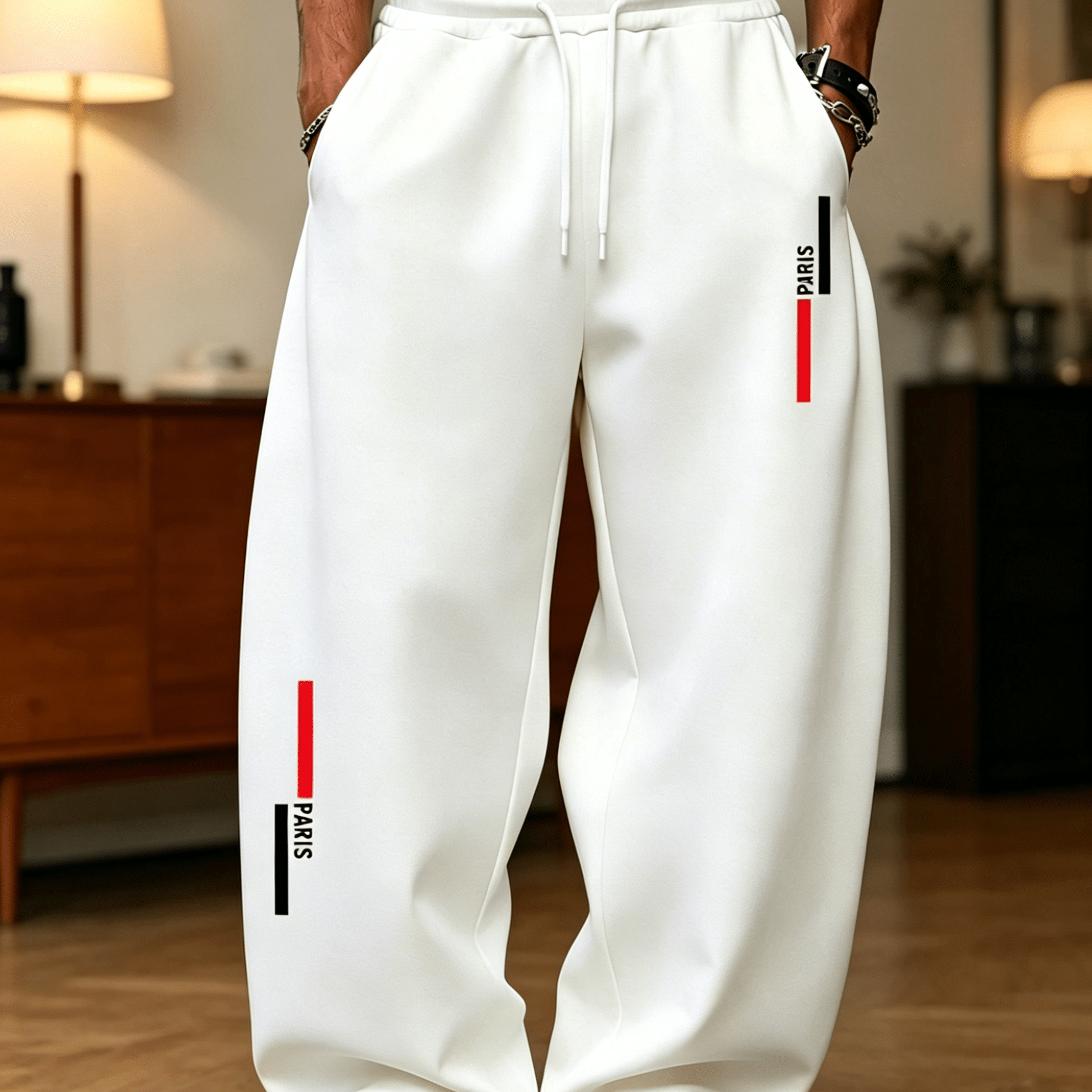 TEMU Minimalist -block Vertical Stripe English Print Wide-leg Pants, High-waist Elastic Versatile Casual Sweatpants