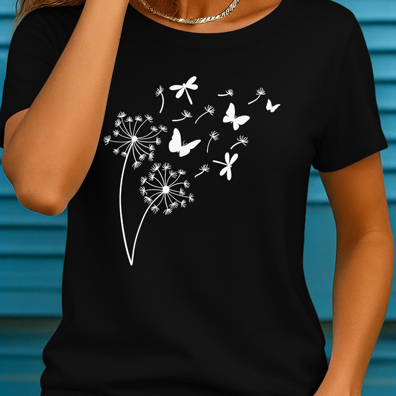 Image of Plus Size, New Dandelion Dragonfly Wind- Printed T-shirt- Women's Summer Casual Round Neck Short Sleeve T-shirt, Ii 921
