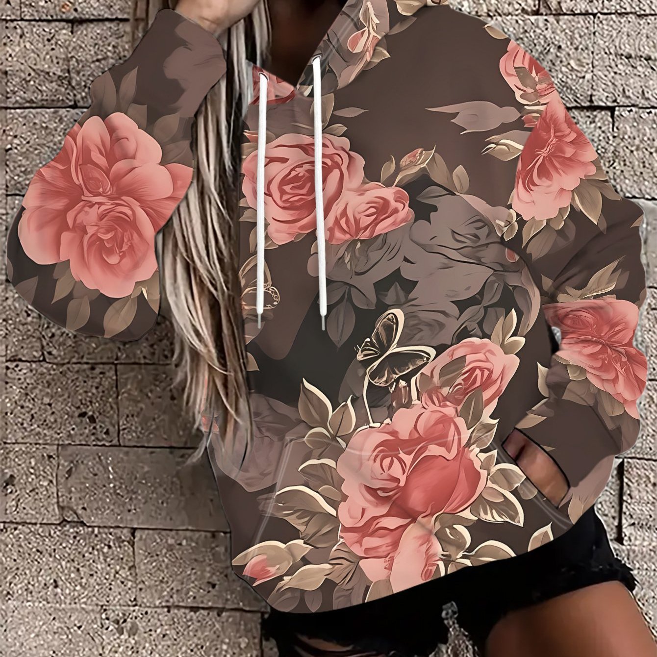 TEMU A Stylish Women's Loose -style Hoodie Featuring Pink Flowers On A Deep Brown Background - Made From Stretchy Fabric, , With A Color-. This