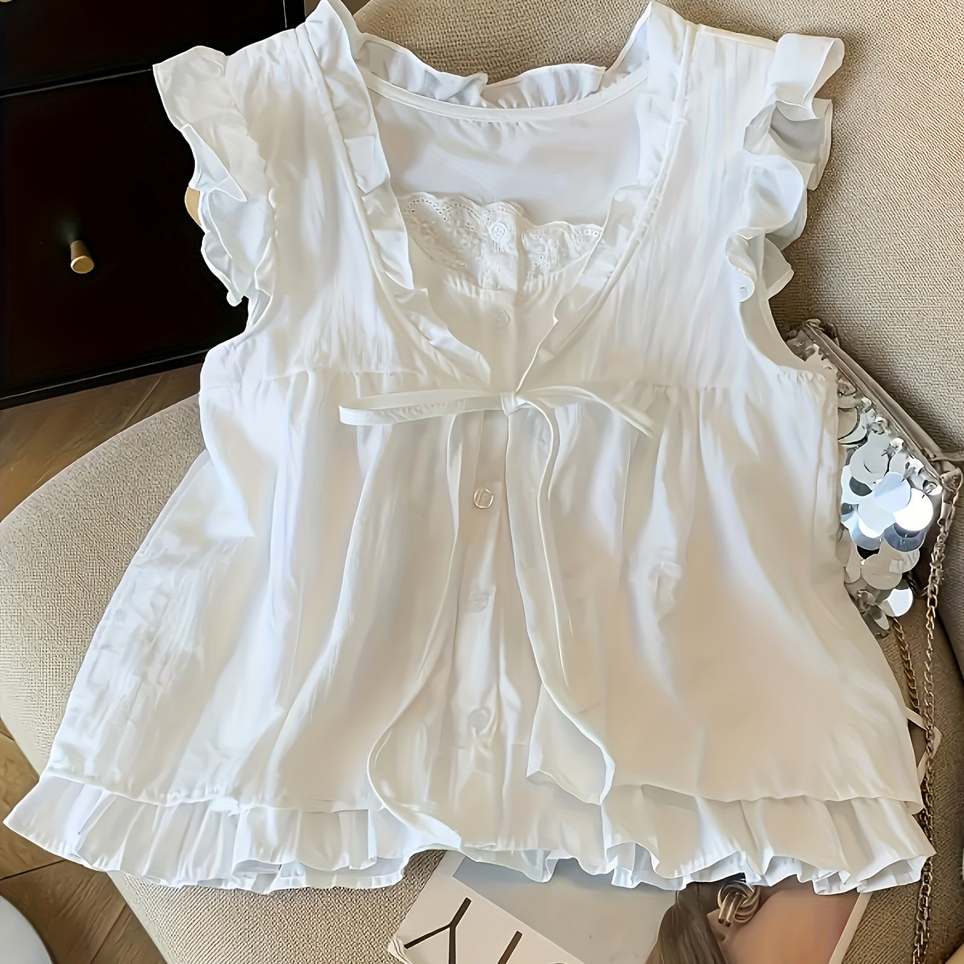 TEMU Haut élégant chemise pièces plissée anti-âge, manches manches, robe babydoll