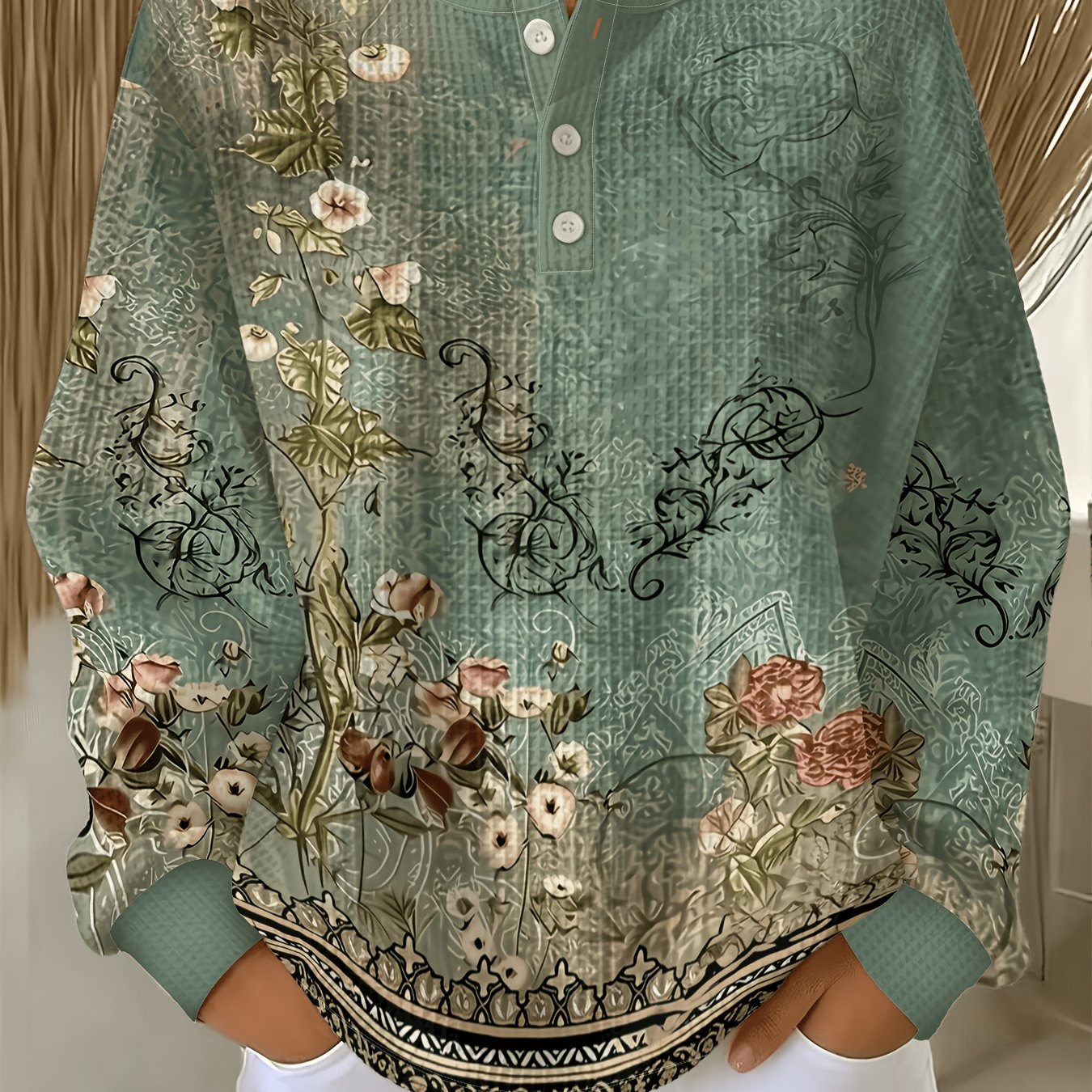 TEMU Plus Size - Women's Plus Size Sweatshirt | Floral Retro , Crew Neck, Button Detail, For Fall/winter