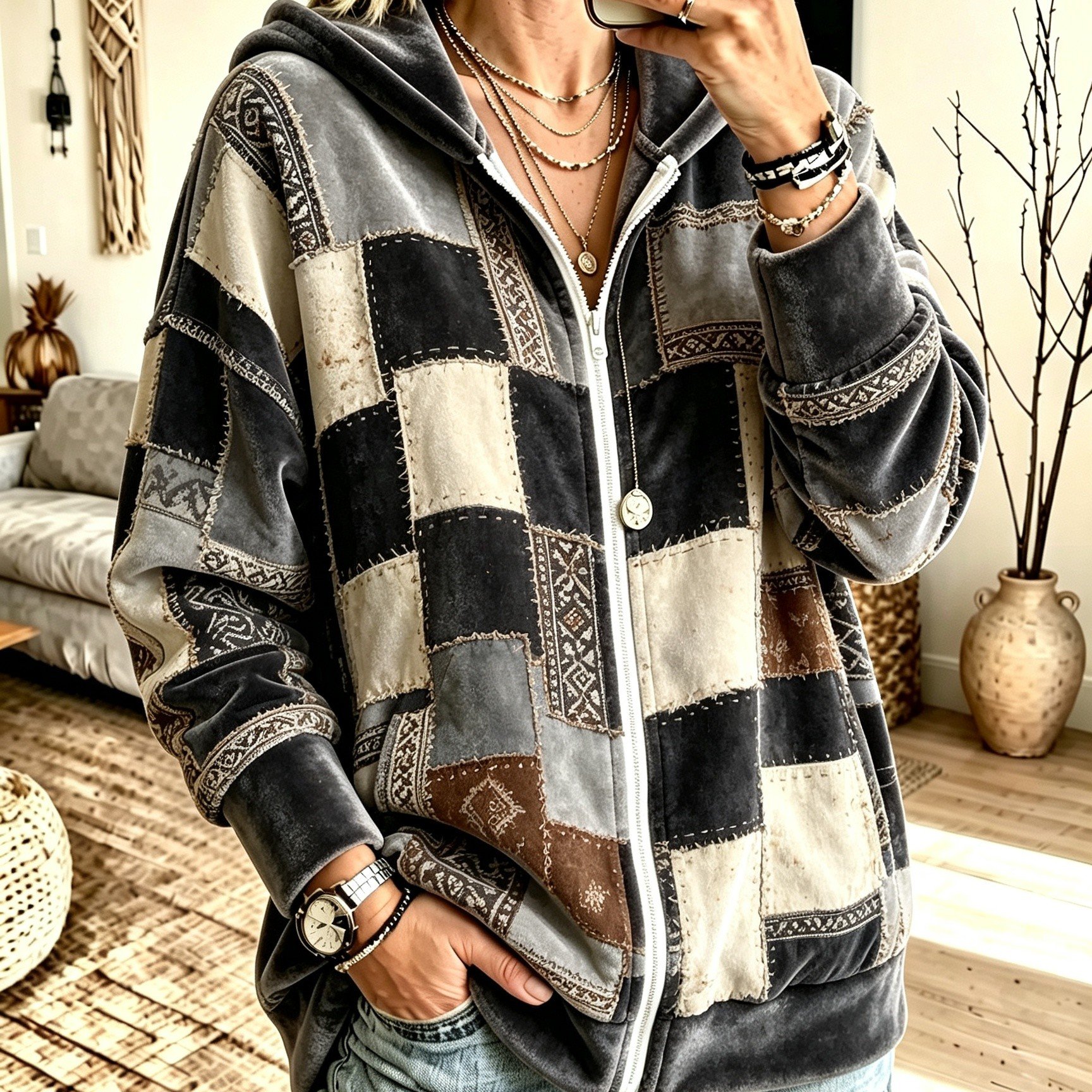 Image of Women's Velvet Zip-up Hooded Sweatshirt - A New Arrival For Autumn And Winter Featuring A Retro Geometric Print. This Casual, Loose-fitting, Pocketed Zip-up Jacket Offers A Versatile, Relaxed