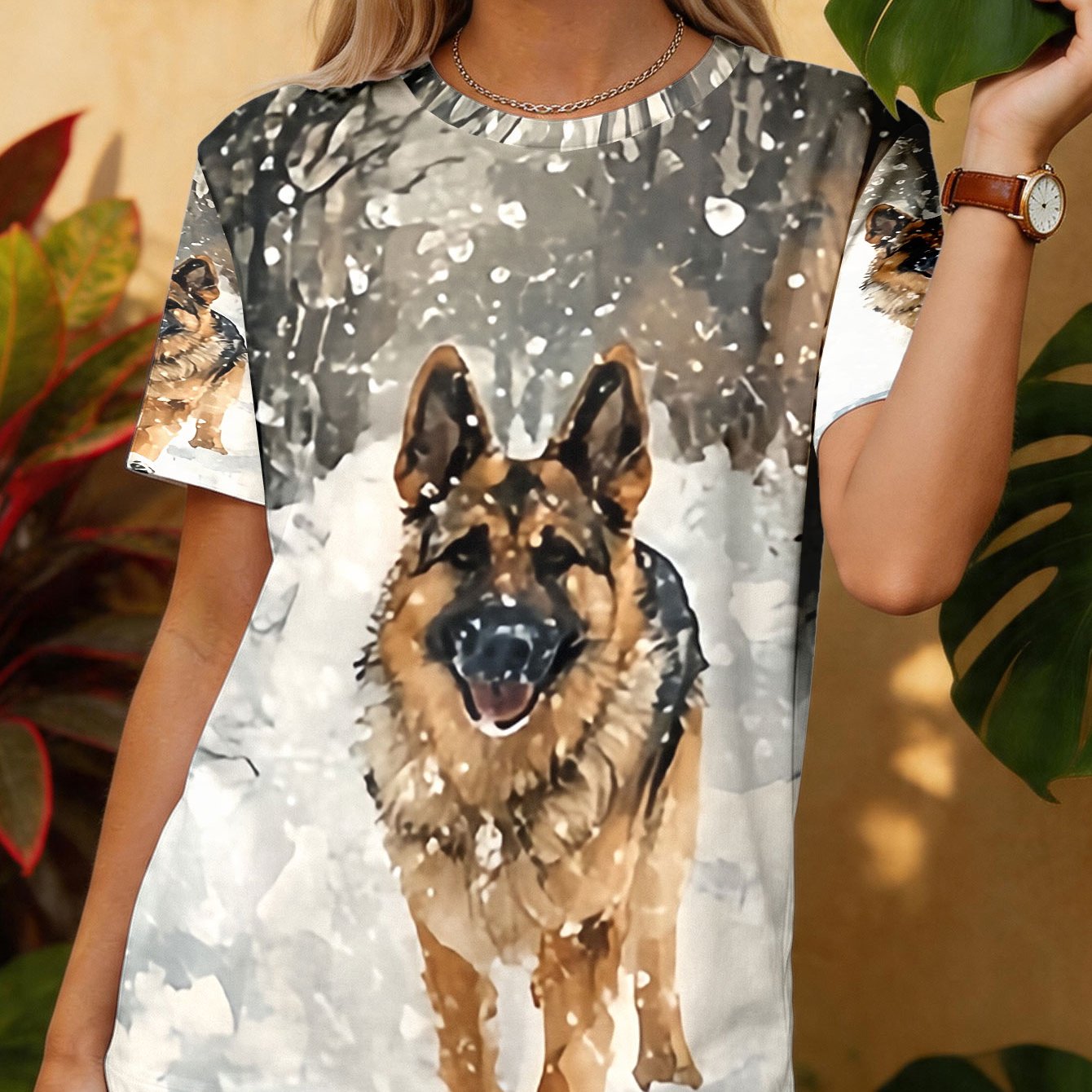 TEMU 1pc Women's Short-sleeve T-shirt - Printed Design Of A German Shepherd In The Snow, Easy-to-match Casual Crew Neck Top. Suitable For , In