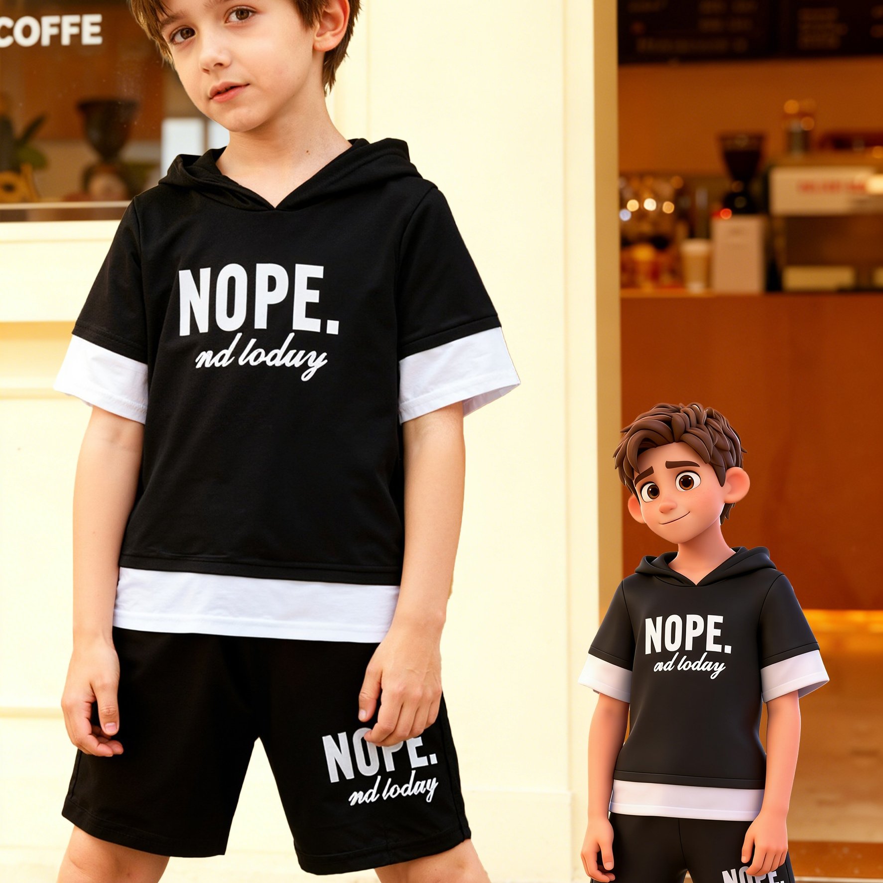 Image of Boys' Toddler Summer Black English Letters "nope. Nd Loduy" Fashionable Individual Trendy Pattern Hooded Short Sleeve And Shorts 2pcs Set, For Outdoor