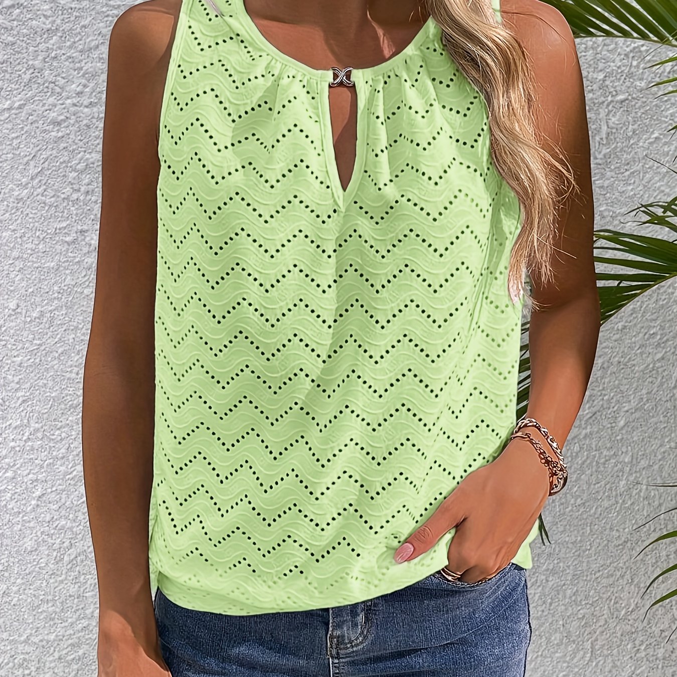 Elegant Casual Solid Color Eyelet Round Neck Tank Top