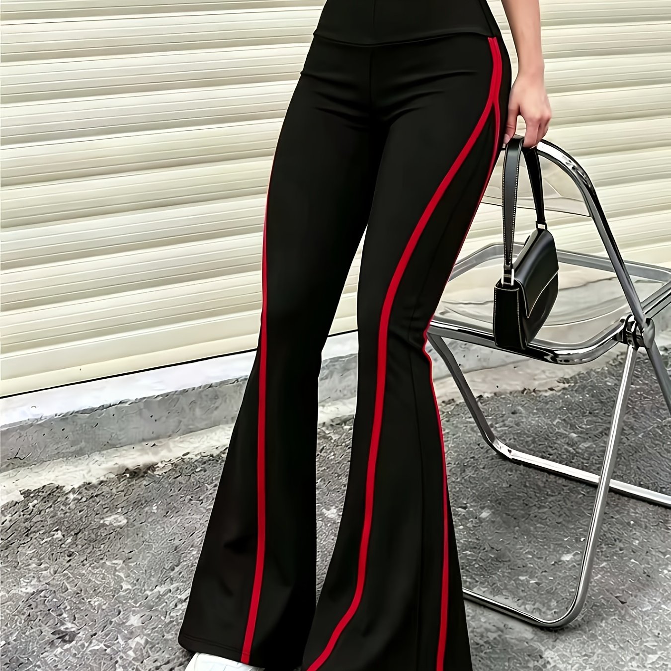 TEMU High-waist Side Stripe Flared Casual Pants For Women, Stretchy Slim-fit Flared Pants, Long Pants
