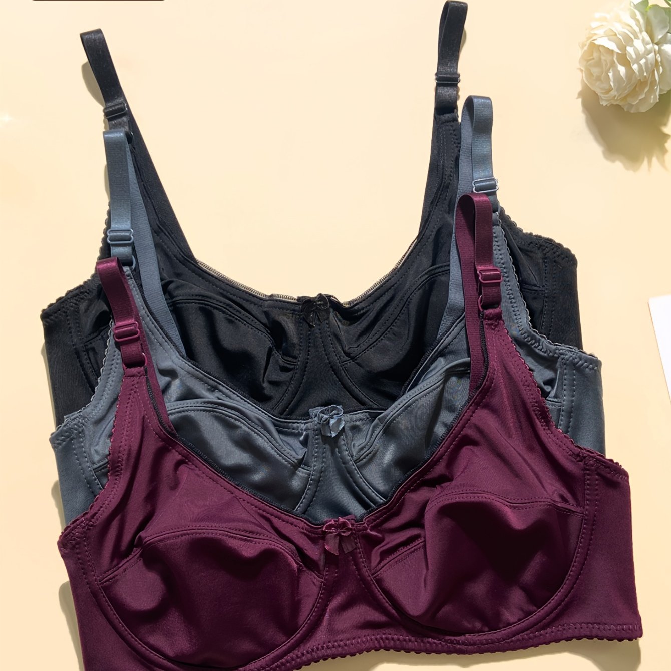 TEMU 3pcs Set Plus Size Thin Glossy Lingerie Women Adjustable Straps Underbust Support Anti-sag Shaping Hook-and-eye Bra