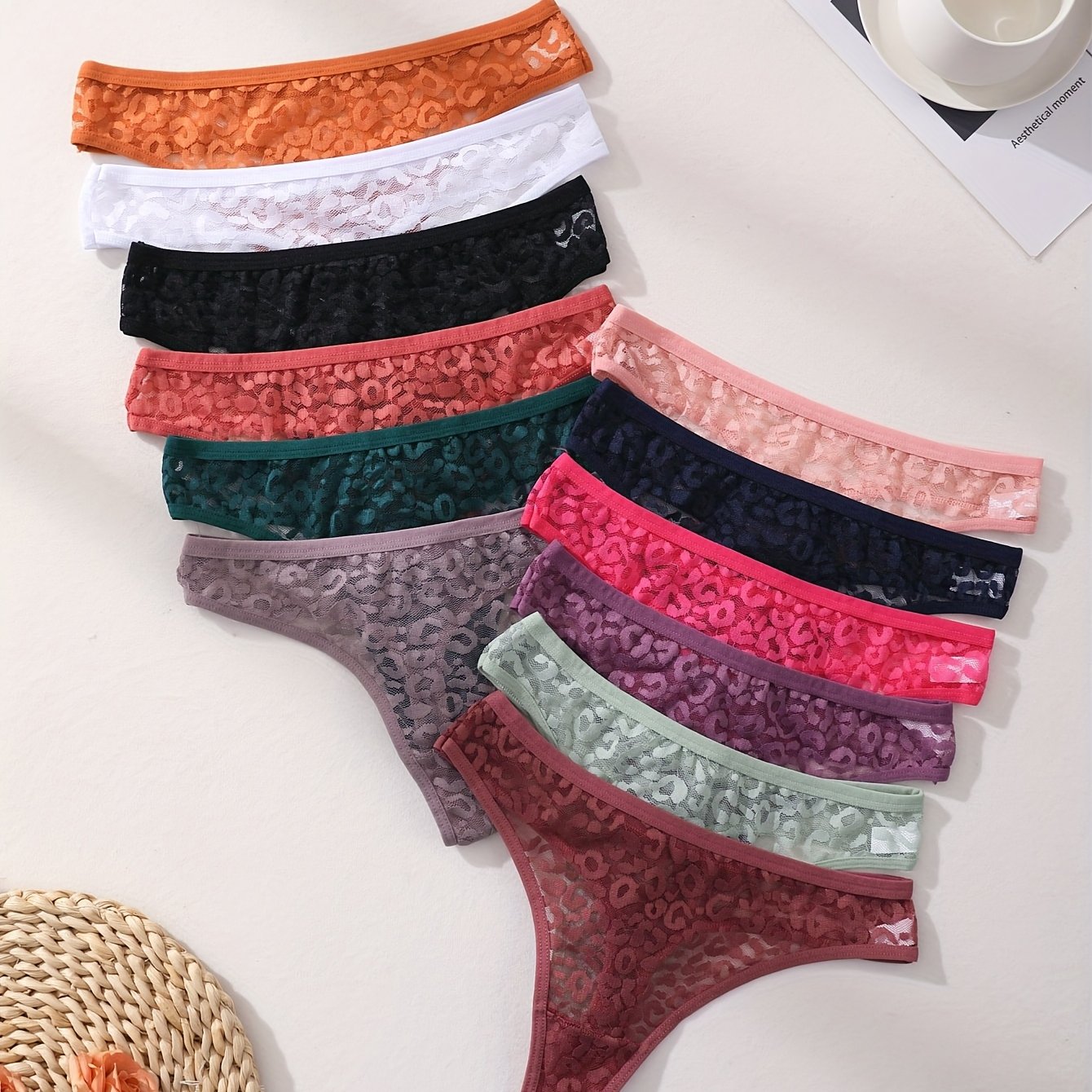 Image of Set Of 12 Women's Lace Thongs, , Sheer G-strings, Attractive Underwear For Plus Size