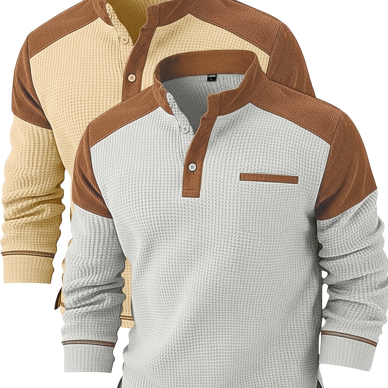 TEMU Trendy Light Luxury Men's Cargo -block Waffle Knit Henley Long Sleeve | 2pcs Set Contrast Henley Pocket Detail | Festive Renewal | Spring/autumn