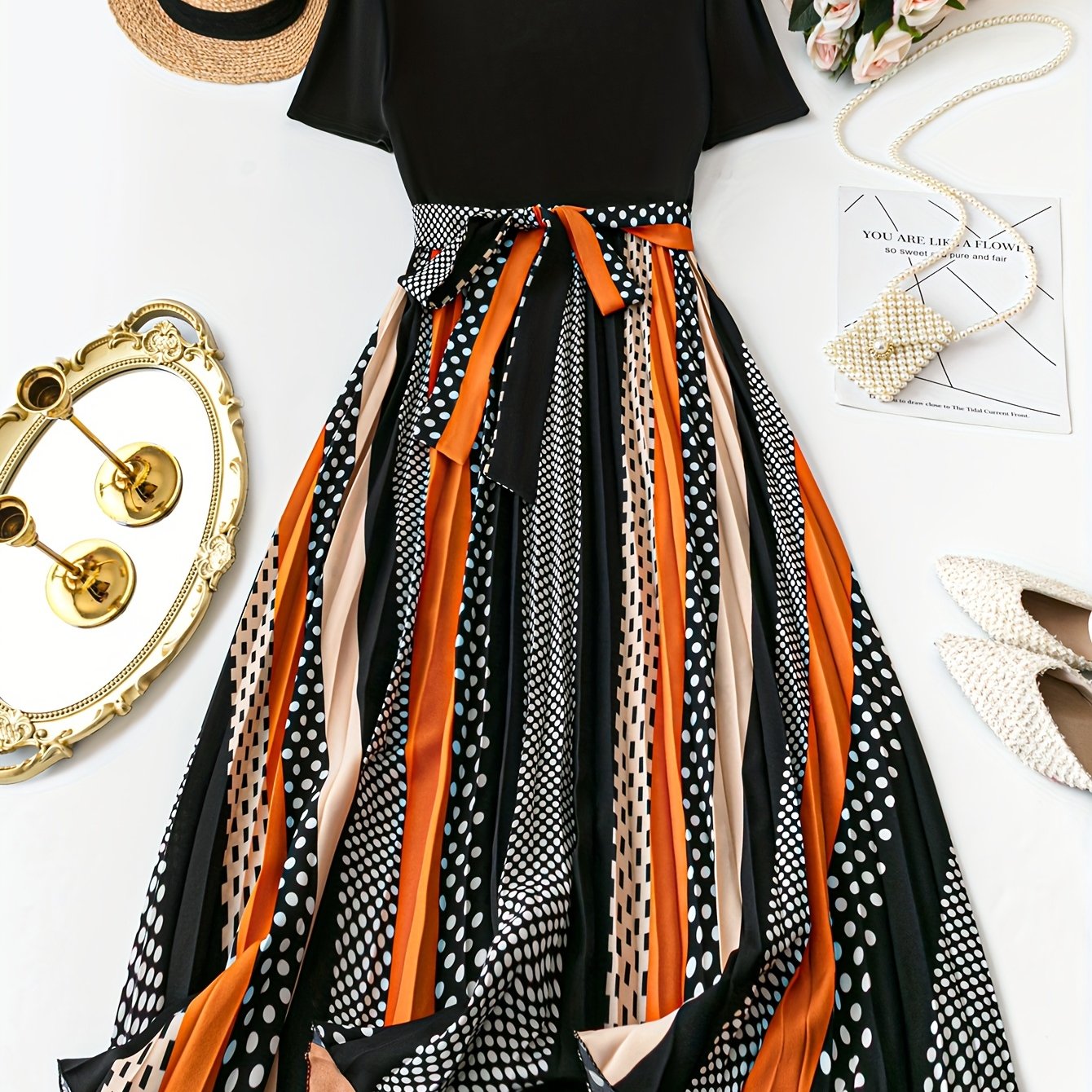 TEMU Plus Size, Developed Plus-size Polka Dot And Stripe Pleated Short-sleeve Dress