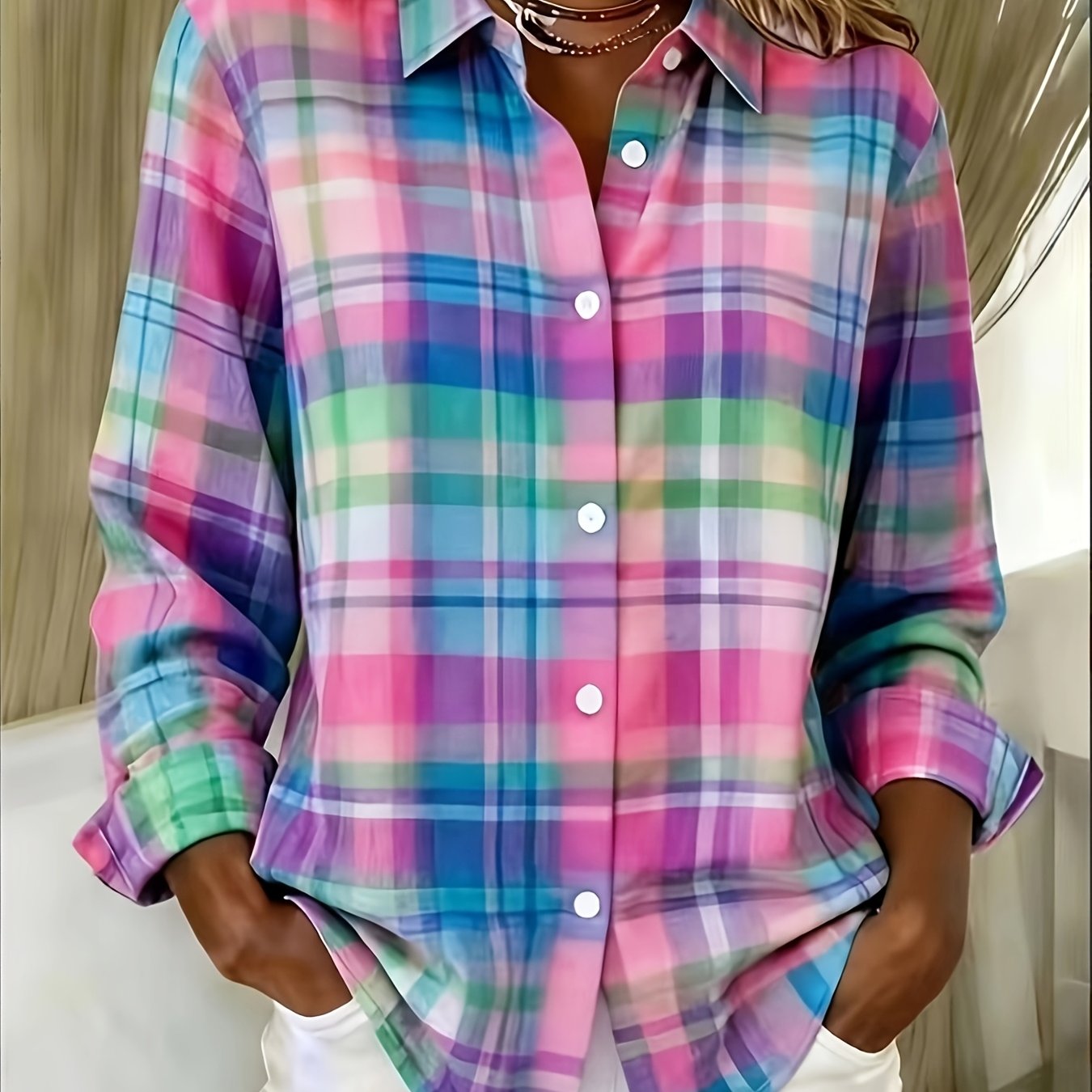 TEMU Plus Size, Plus Size Women's Fashion Casual Long Sleeve Printed Lapel Shirt