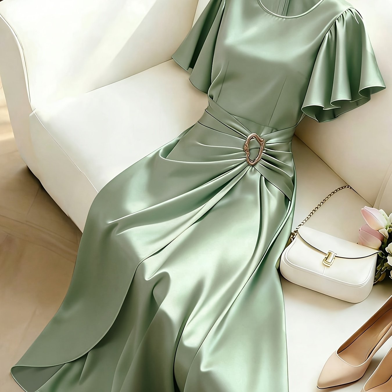 TEMU ( Fabric) Round Neck Flutter Sleeve Dress, Single-sided Twist Waist Cinched Full Skirt, High-waist Temperament Dress, Gentle Solid Color Light