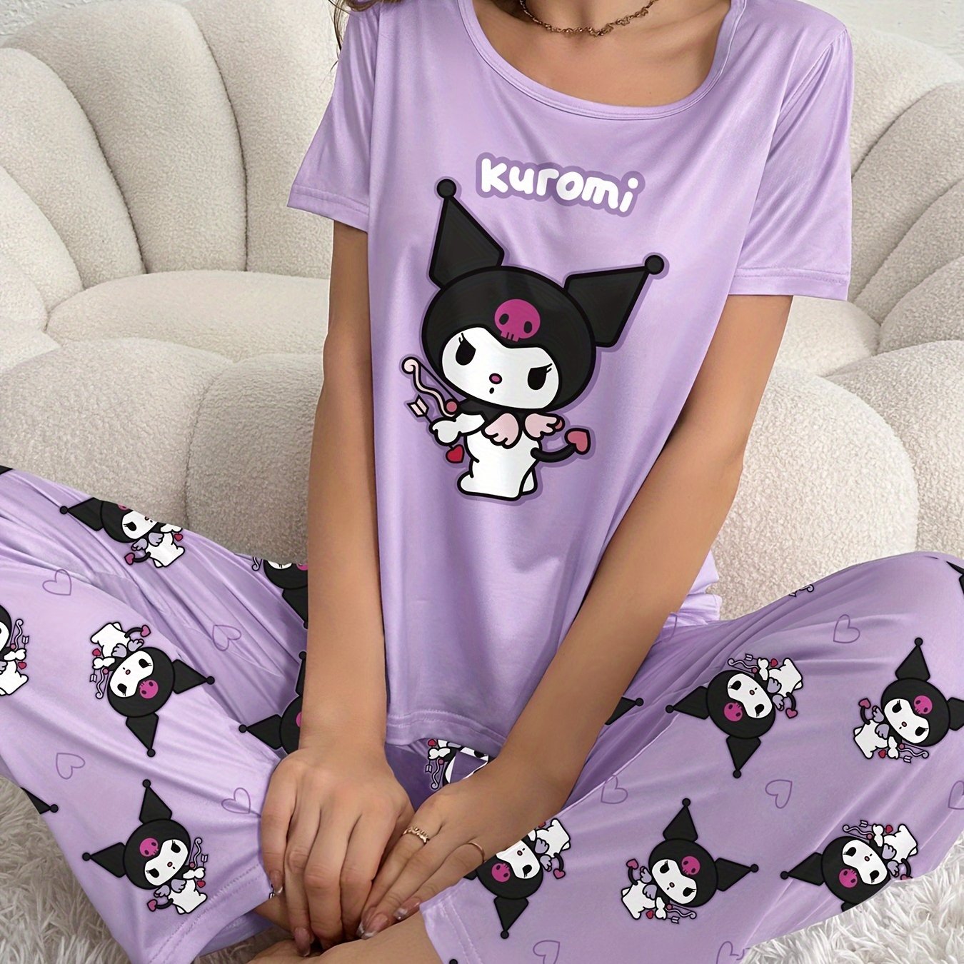 Image of Kuromi Women's Pajama Set With Round Neck Short Sleeve And Long Pants, Purple Cartoon Print Comfortable Warm Sleepwear