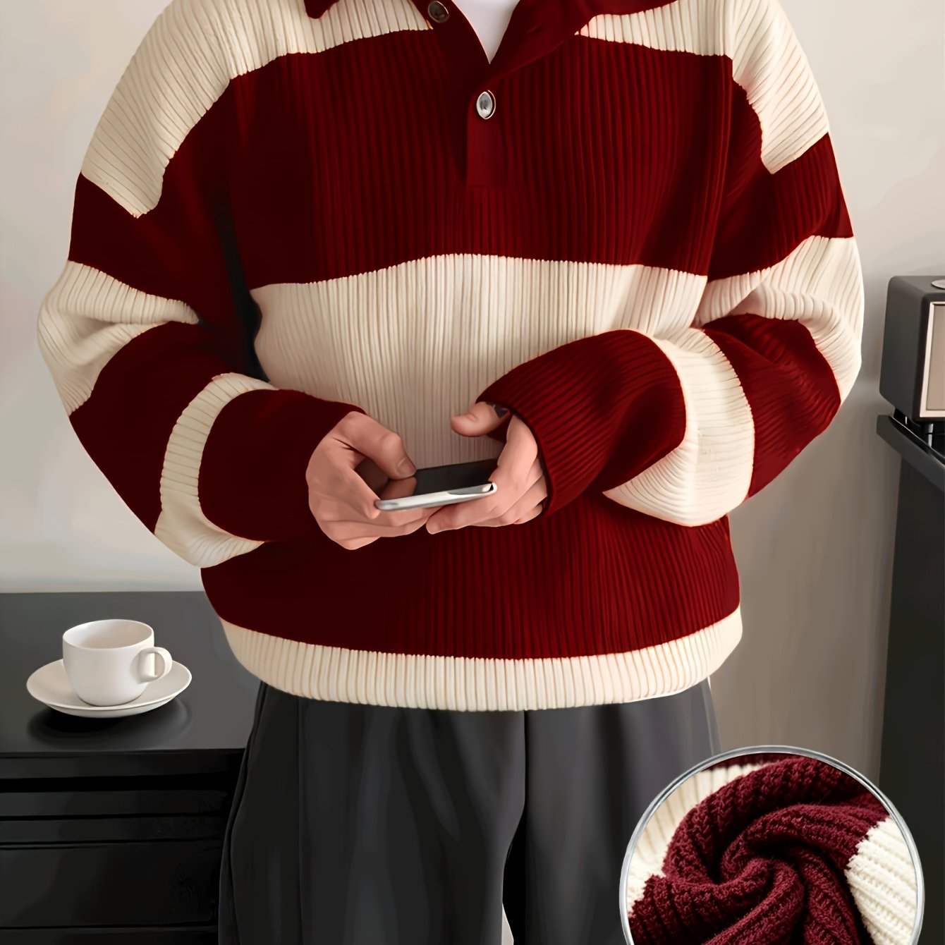 TEMU Herren Strickpullover mit gestreiftem Polo-Revers, lässig und vielseitig, in Übergröße, amerikanischer -Style, koreanischer