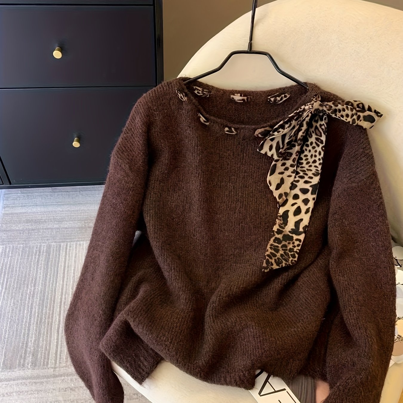 Early Autumn Outfit: Designer Leopard Print Scarf Bow Round Neck Loose Long Sleeve Sweater
