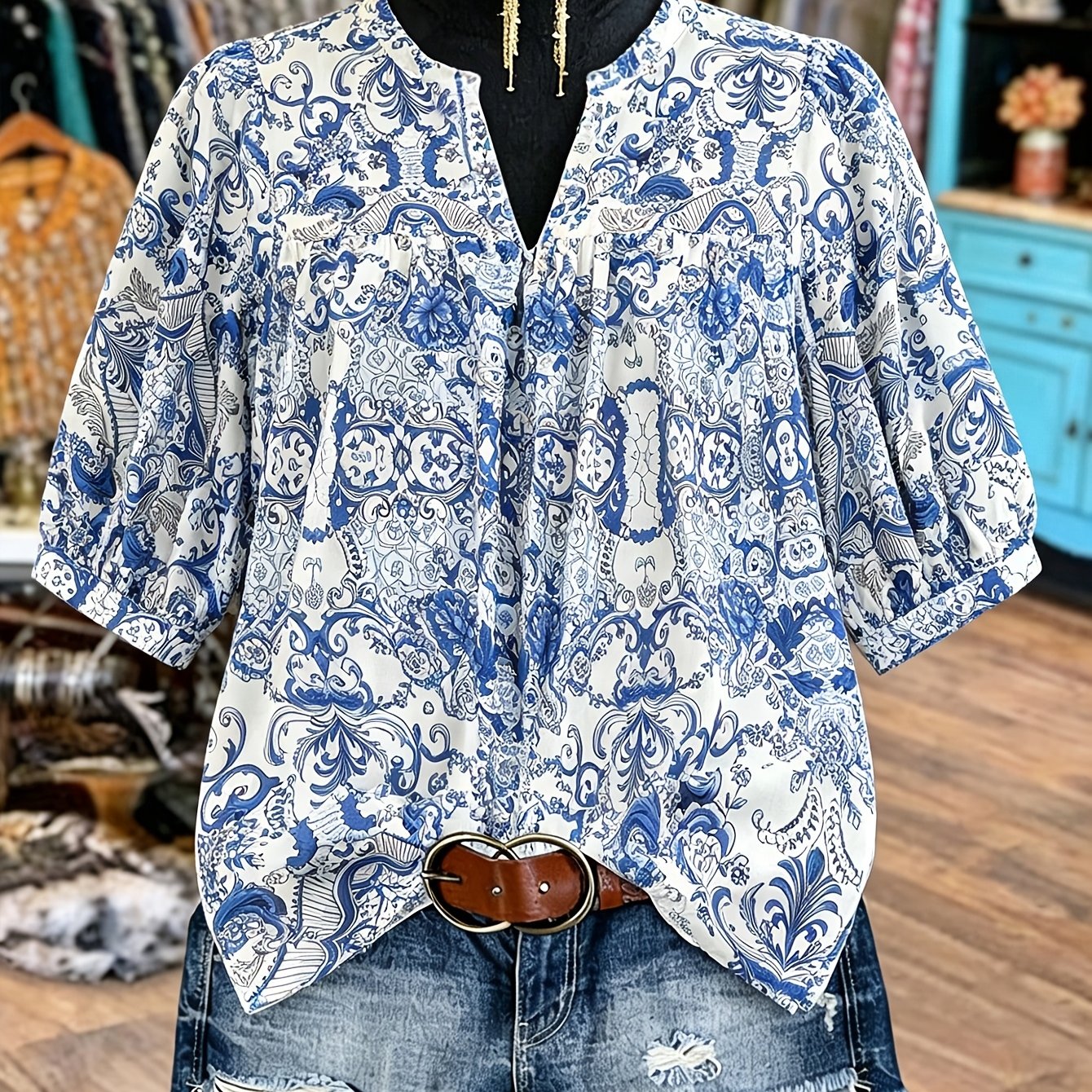 TEMU Women's Bohemian Blue And White Floral Print Shirt, Summer Lightweight Breathable Puff Sleeve Top