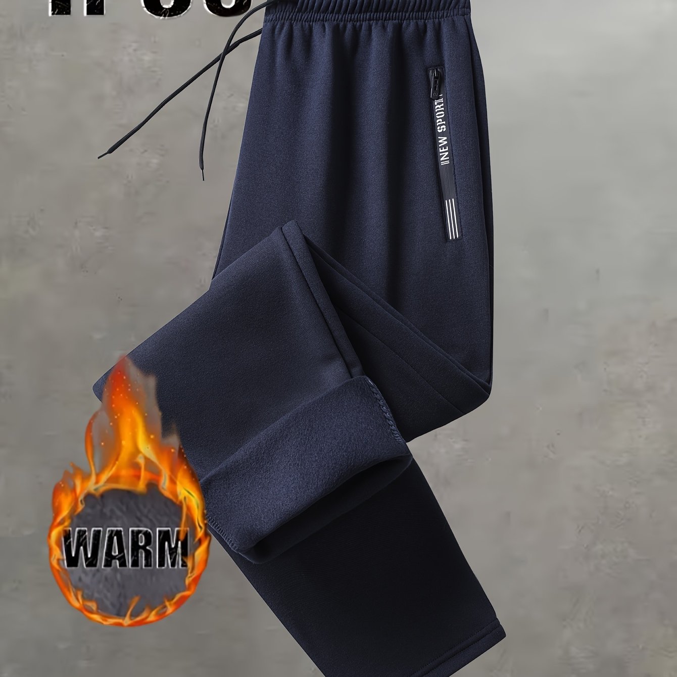 TEMU Men's Autumn Winter Fleece-lined Straight-leg Pants - Thickened Warm Casual Trousers With Letter Zipper Pockets And Elastic Waist Drawstring,