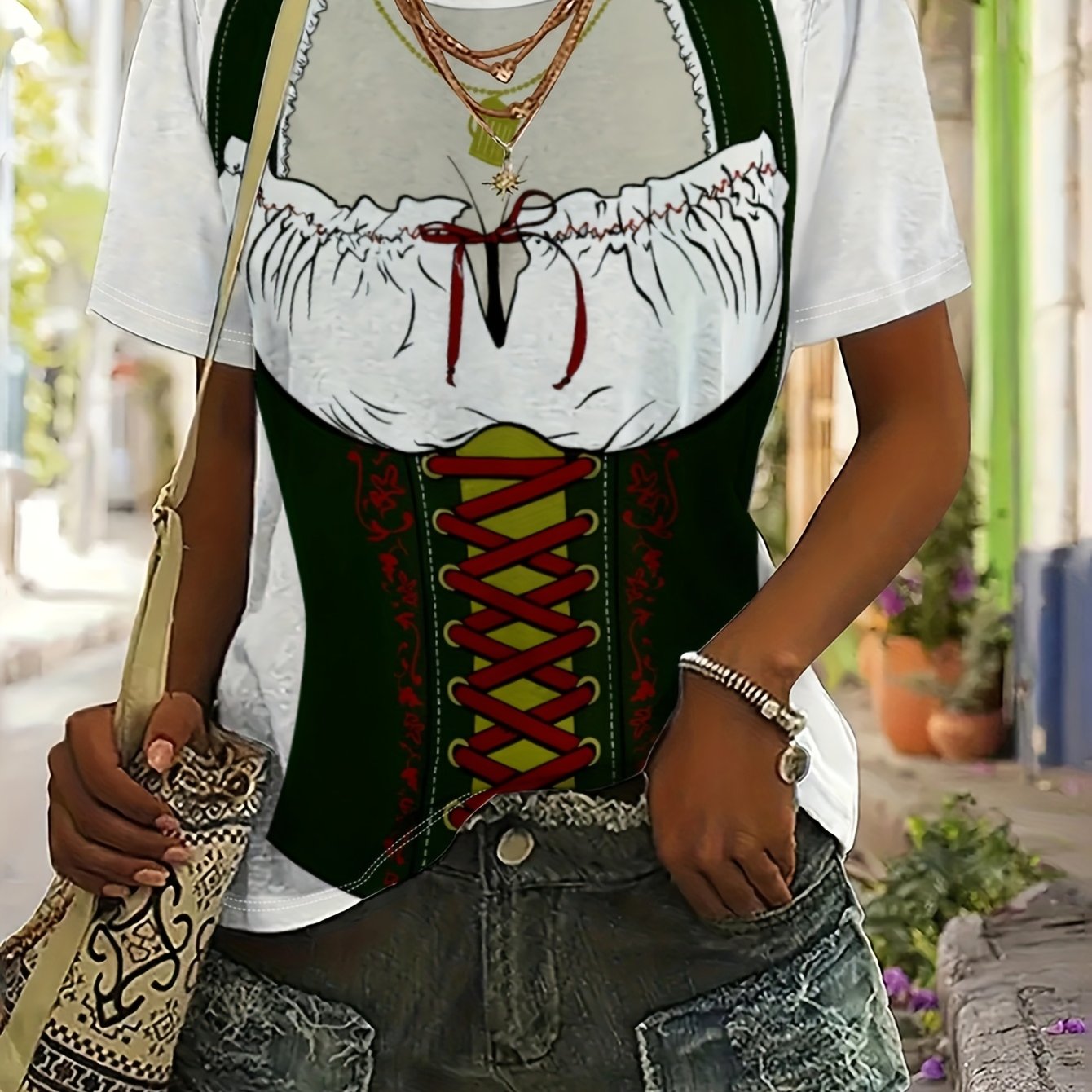 TEMU Women's Oktoberfest T-shirt - Beer Festival Blumenpartei Top With Alpine Accordion Print, Short-sleeve Casual Shirt Suitable For Parties, Themed