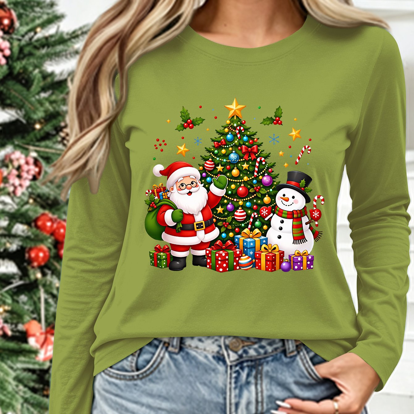 TEMU Women's Plus-size Oversized Christmas T-shirt - Santa Claus, Tree & Snowman Prints Crew Neck Soft Stretchy -fit Suitable For Vacations, Parties,