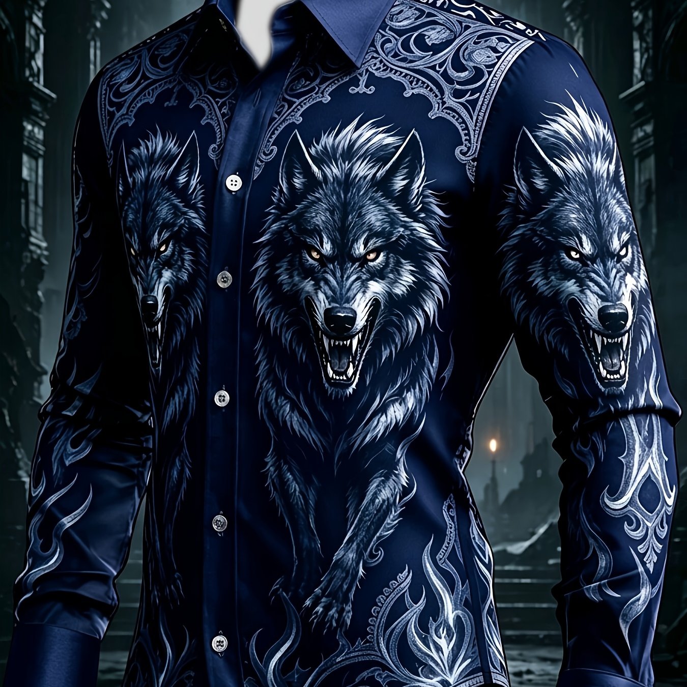 TEMU [print Design- Not Textured]men's Baroque Wolf Head Print Long Sleeve Shirt, Unique Trendy Casual Turn- Collar Shirt, Plus Size