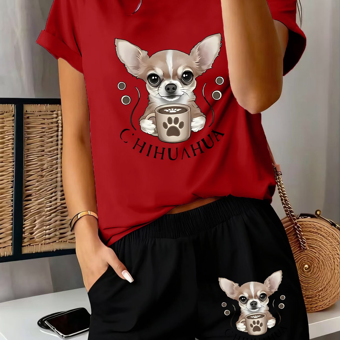 TEMU 2pcs Women's Summer Short Sleeve Set - Cute Chihuahua Coffee , Fun Pattern Short Sleeve And Shorts Set, Comfortable Soft Breathable Athletic