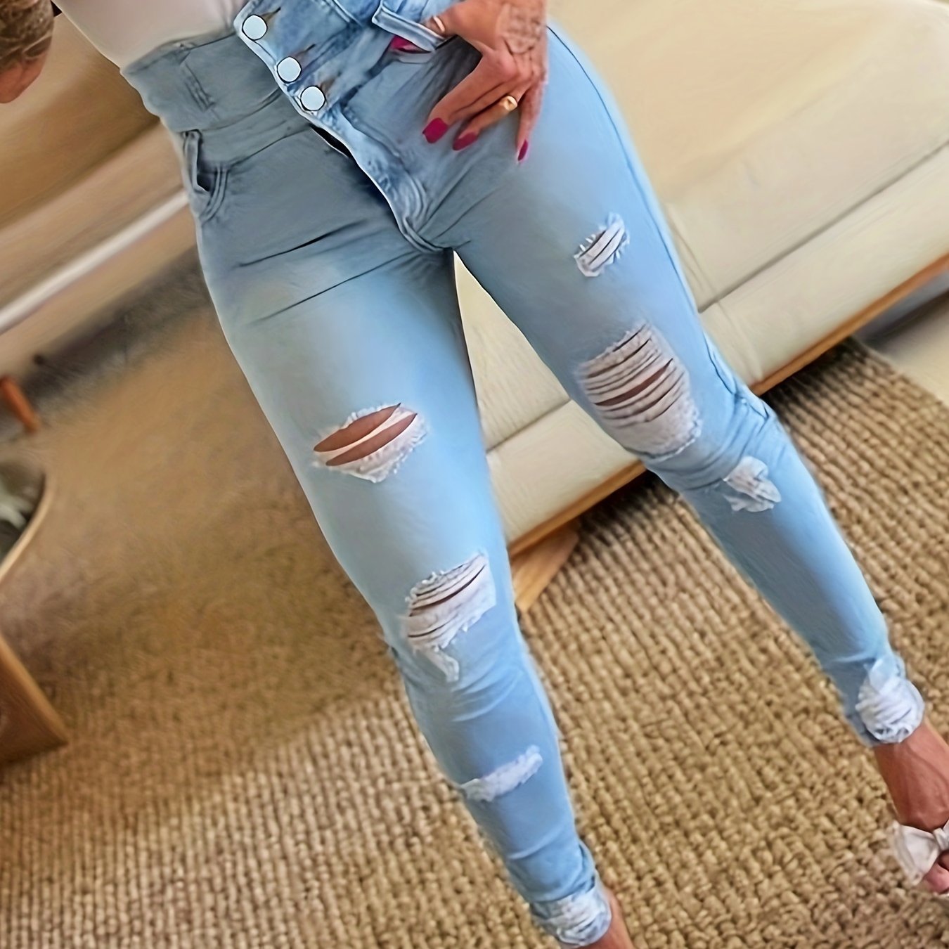 Plus Size Casual Jeans, Women's Plus Solid Ripped Button Fly Skinny Jeans