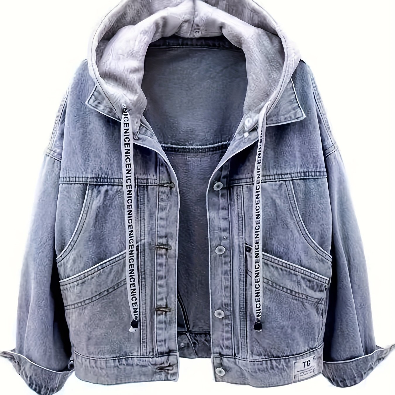Women's Loose Fit Hooded Jacket - Vintage Washed Blue Denim Button-up Outerwear, Spring/autumn Commuting Casual Top