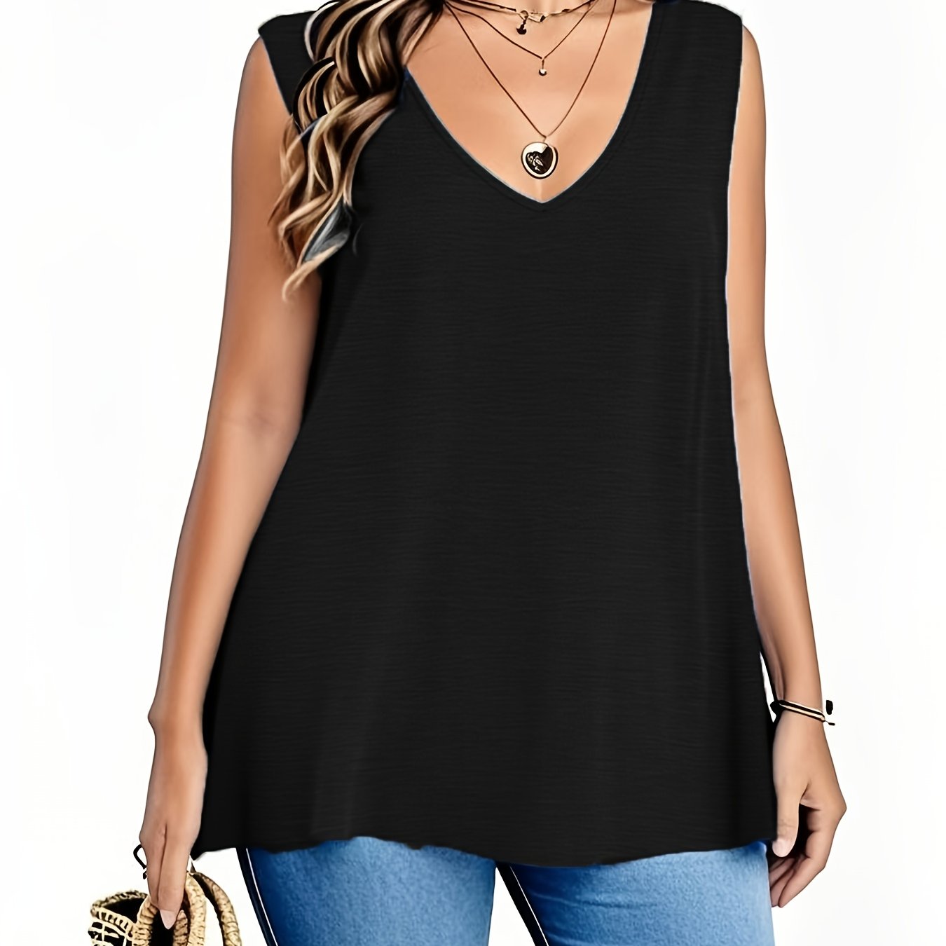 E-shop Plus Size, Plus-Size Einfarbiges V-Ausschnitt Ärmelloses Lockeres Tanktop, Europäische Amerikanische Mode Lockeres Casual Top, Bequem Vielseitig
