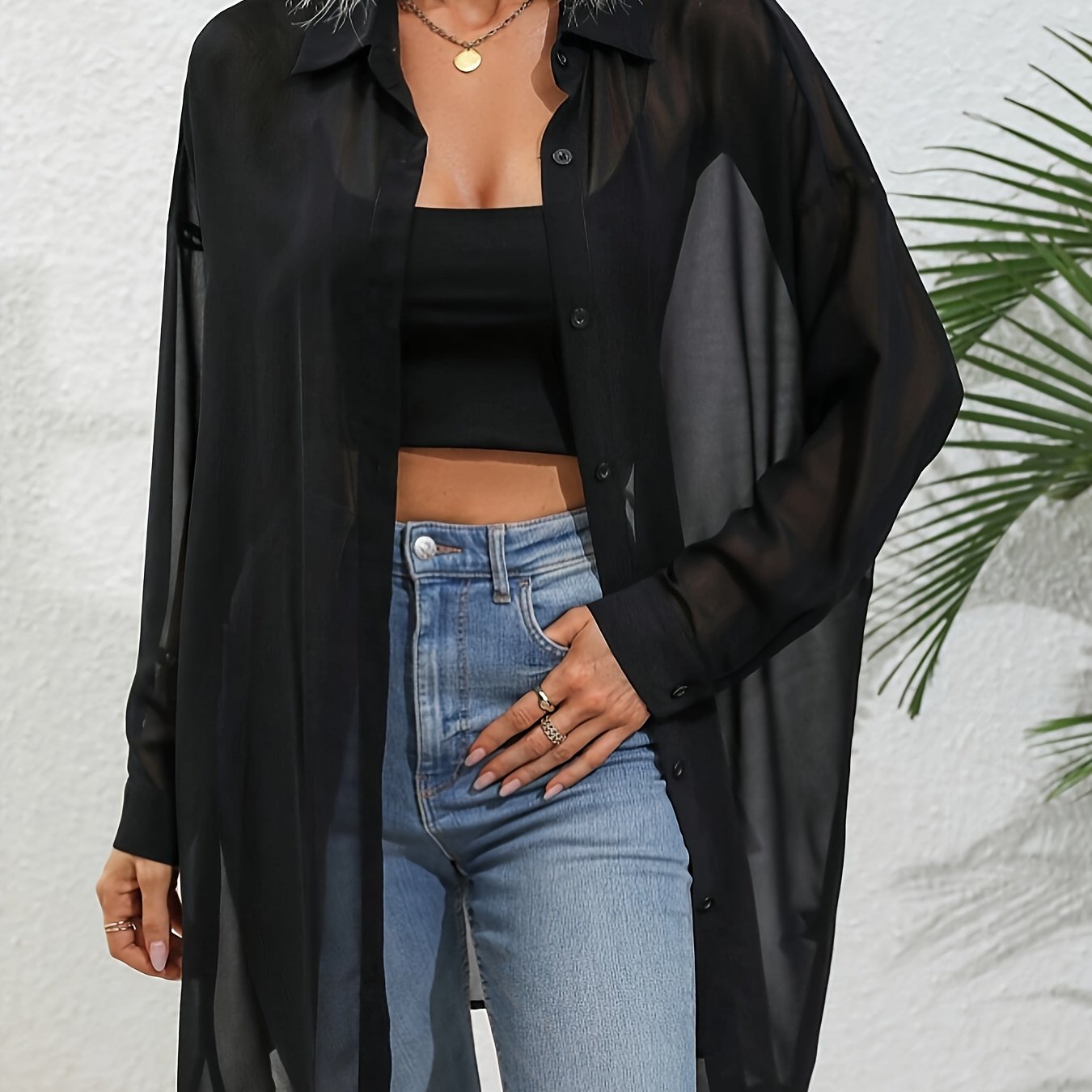 Image of Women's Elegant Semi-sheer Longline Chiffon Shirt - Black Versatile Top, Machine Washable Standard Collar Blouse For Casual & Formal Outfits, Formal Attire Top, Sophisticated Casual Wear, Smooth