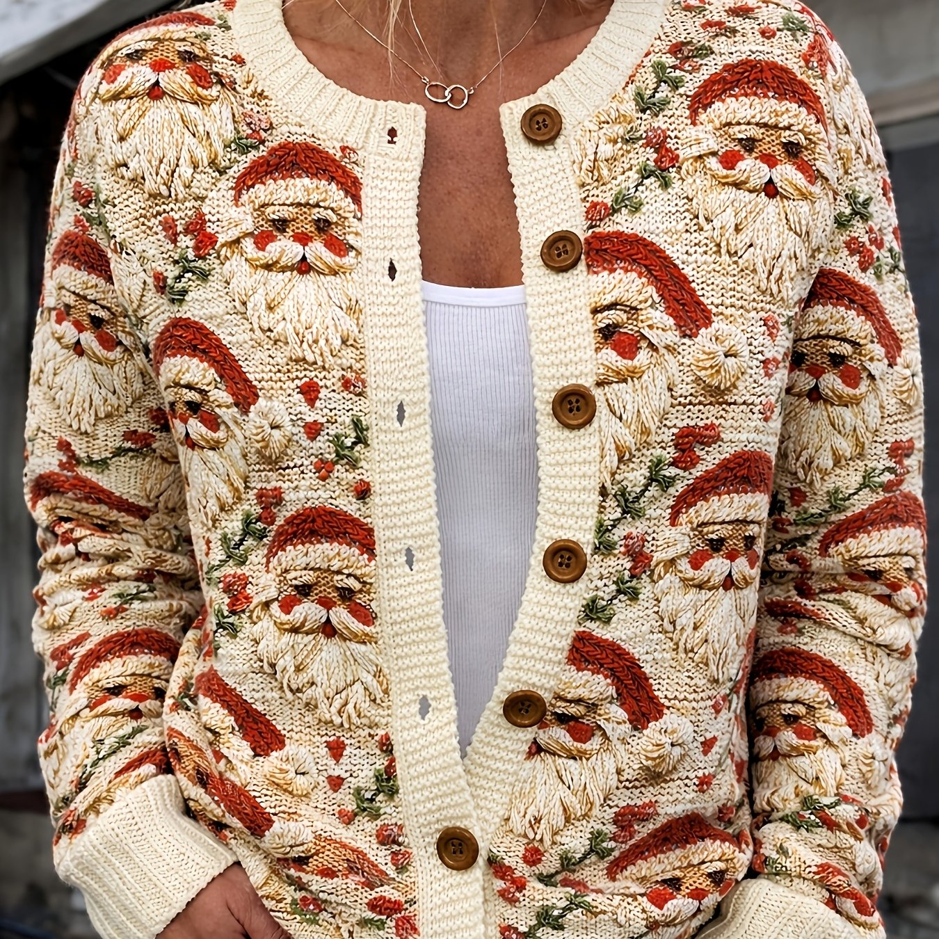 Image of Printed Design Not Stitched, Products Cardigan Sweaters, Long-sleeved Sweaters With Khaki Embroidered Santa Claus Pattern And Button Details, Autumn And , Casual And Chic Coats, And Durable Goods