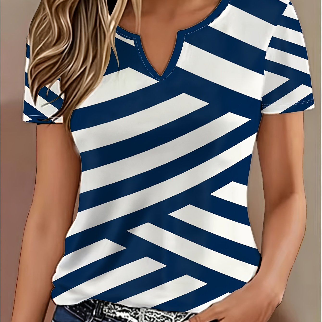 TEMU Women's V-neck Short-sleeve T-shirt - Small V-neckline With Slit Collar & Chunky Diagonal Stripes, Breathable Smooth Fabric Suitable For Daily