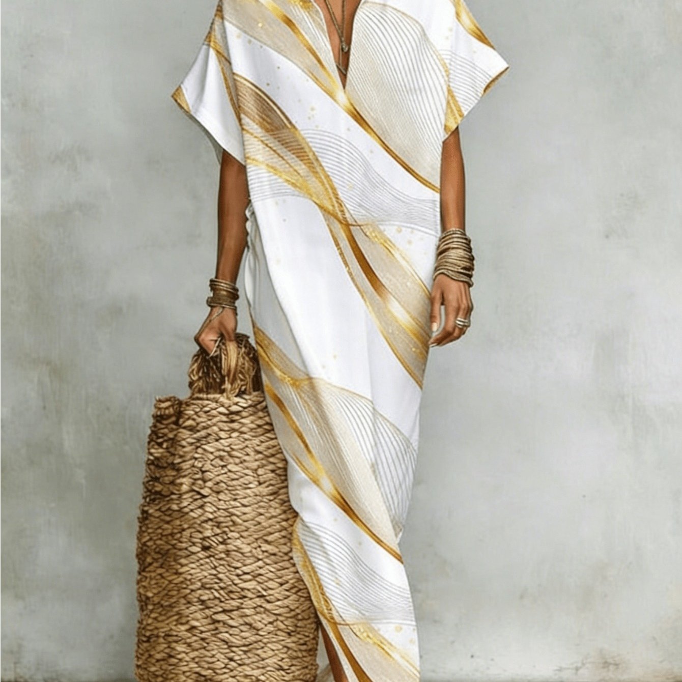 Image of White And Golden Abstract Print Long Shirt Dress For Women, Loose Summer Beach Style, Elegant Flowy Maxi Dress With V-neck -2xl