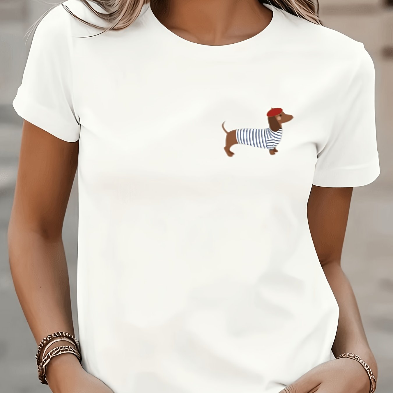 TEMU Fun Cartoon-style Cute Dachshund Print T-shirt, In Black And White, Women's Loose Fit Versatile Short Sleeve, Essential Basic For Summer Daily