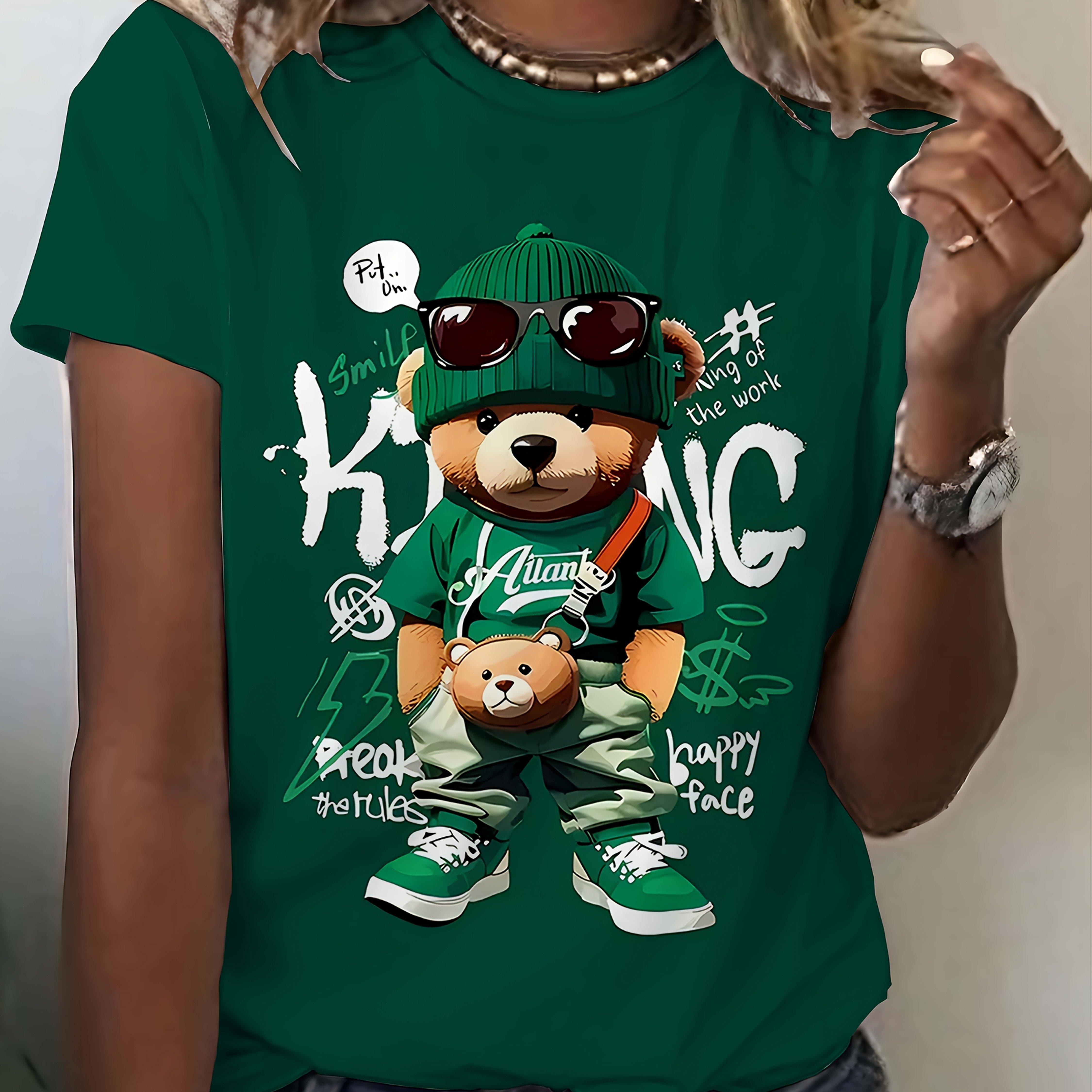 TEMU Backpack Bear Pattern Print Design, Women's Fashion Top, Women's Elegant And Comfortable Garden T-shirt, Women's Summer Clothing