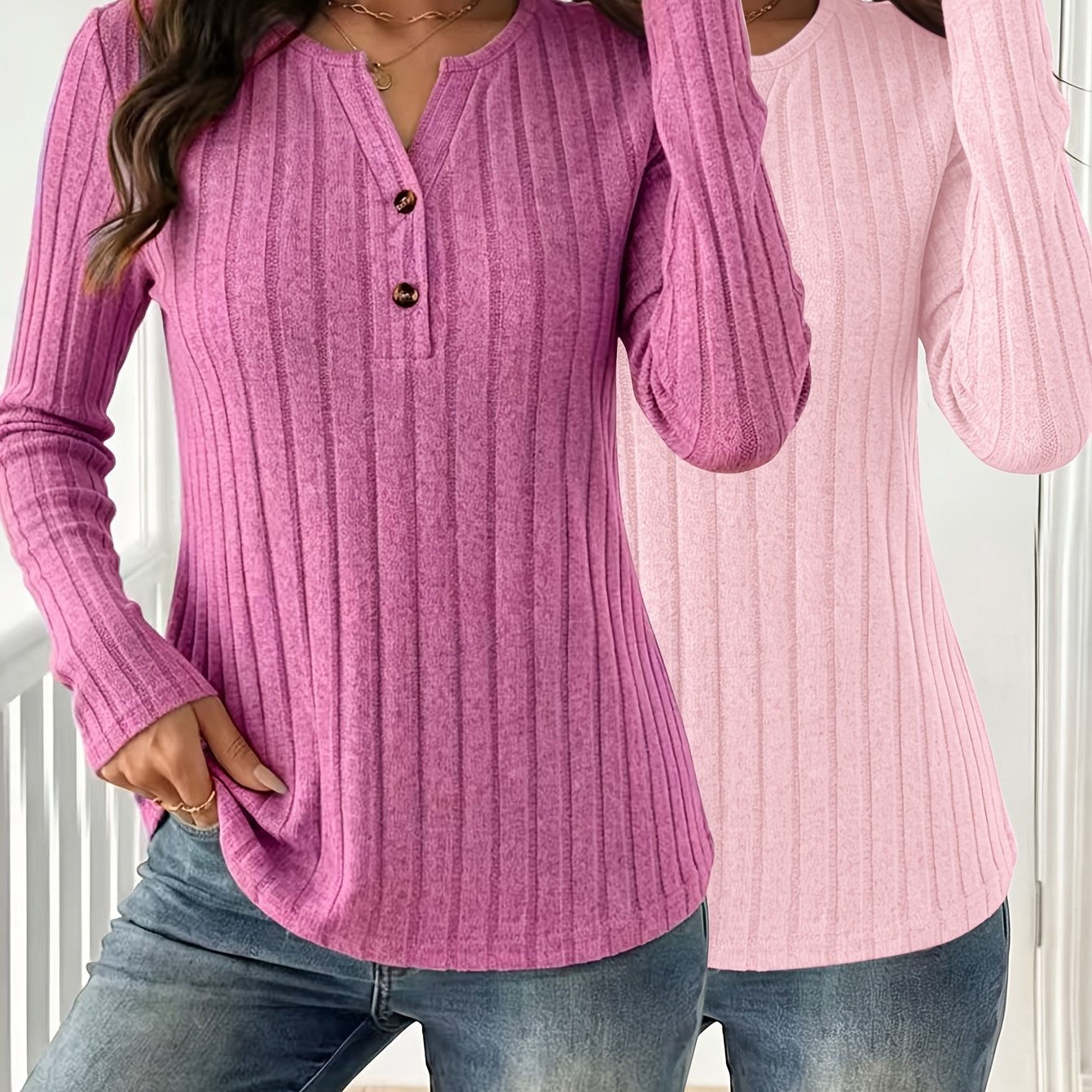 TEMU 2pcs Women's Elegant V-neck Long Sleeve T-shirt Set - High-stretch Solid Color Casual Top, Machine Washable Spring Summer Autumn Blouse
