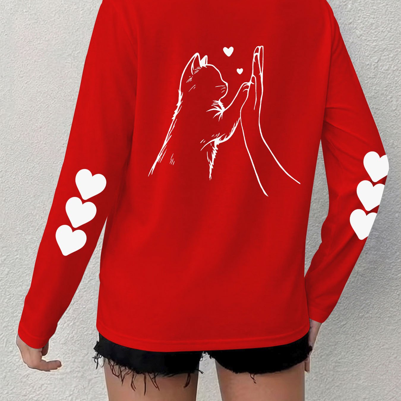 TEMU Plus Size Women's Long Sleeve Round Neck T-shirt With A Cute Cat And Heart Print On The Back