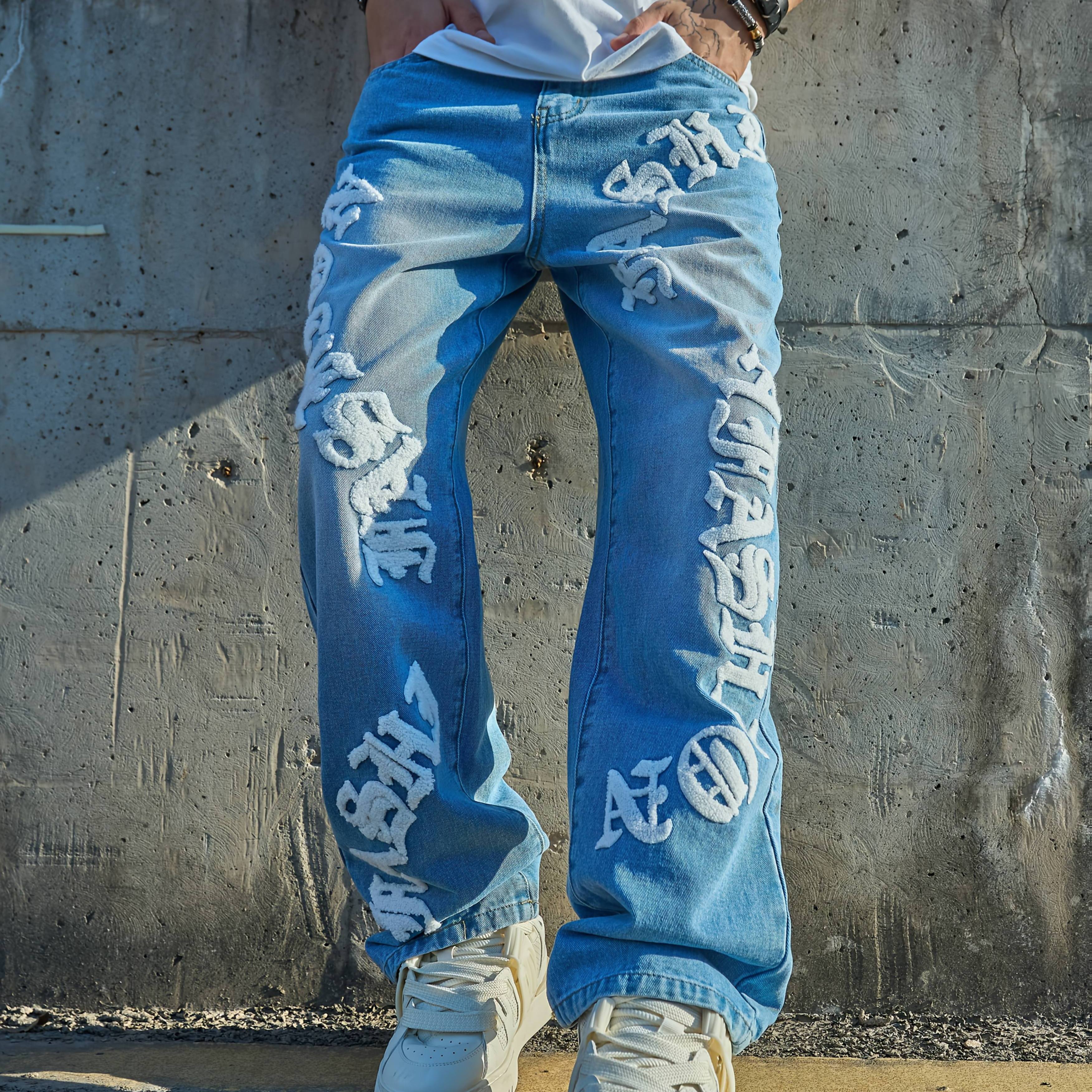 Image of American Hip-hop Trendy Brand Vintage Jeans Letter Print Loose All-match Straight Casual Long Trousers