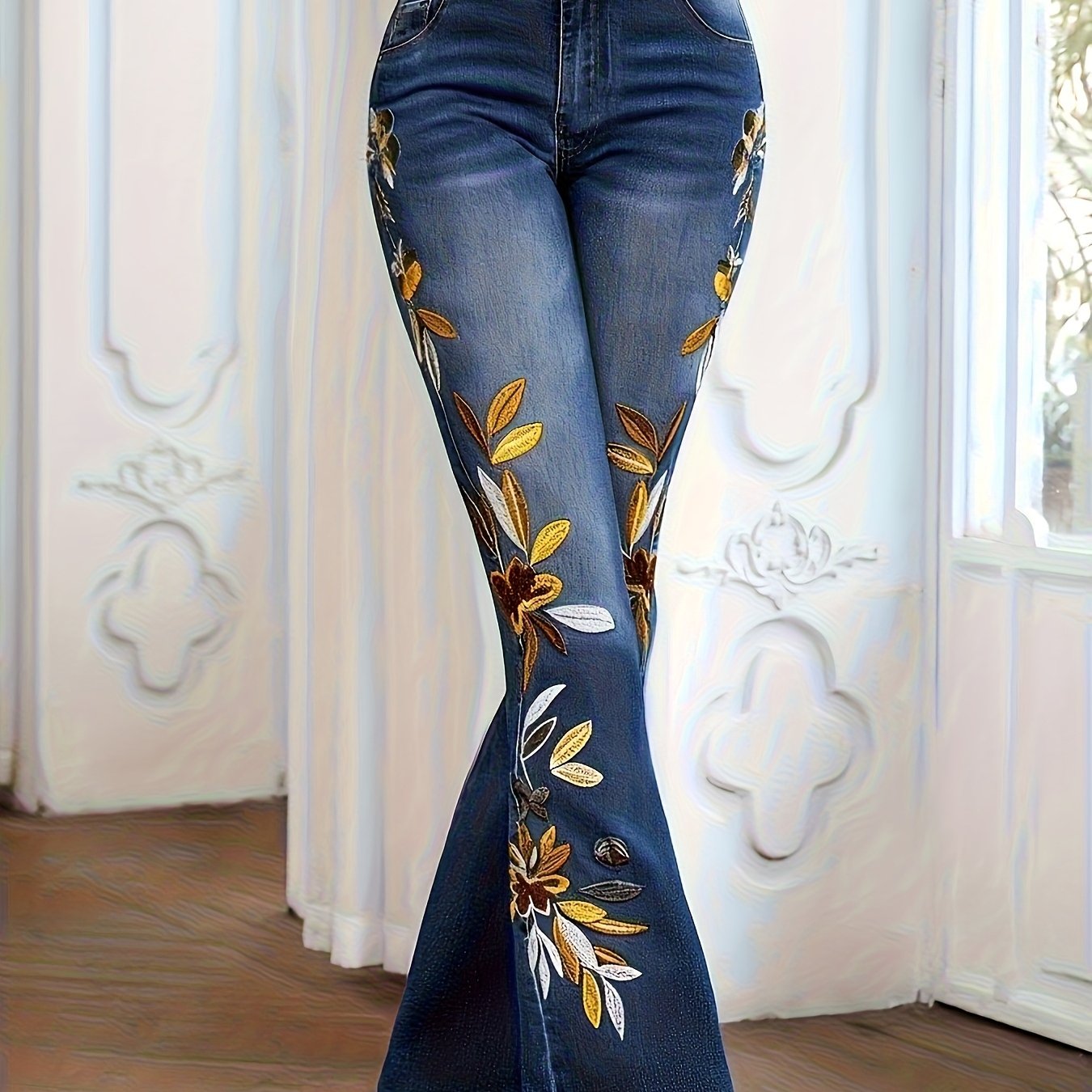Image of Women's Mid-rise Stretchy Flared Jeans. Featuring Elegant Patterns: An For Worldwide, From And Treated For A Stylish, , Vintage, And