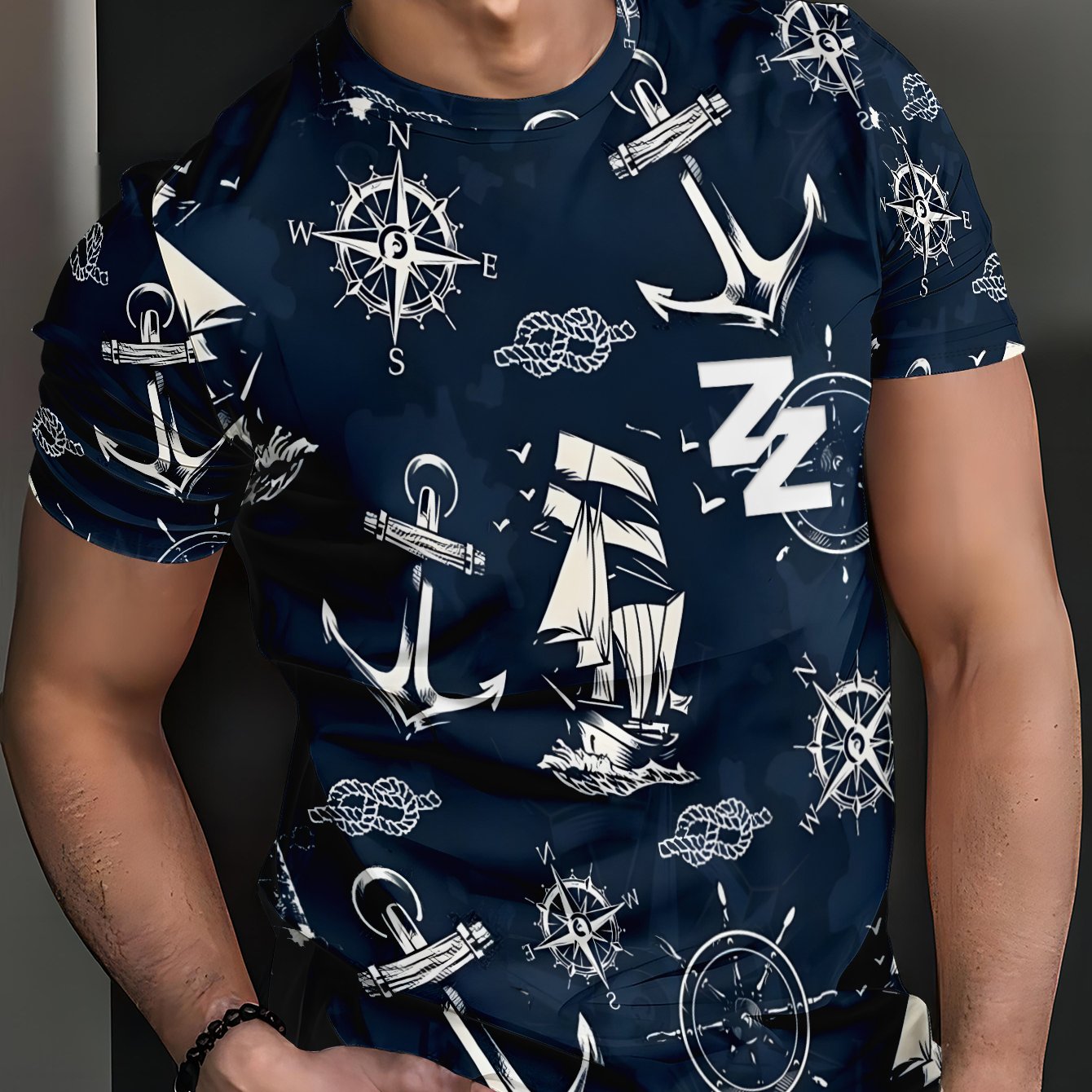 TEMU Maritime Dream - Men's Casual [printed Design â Not Textured] T-shirt - Polyester Fiber, Breathable, Crew Neck, Short Sleeve, Street Hip-hop