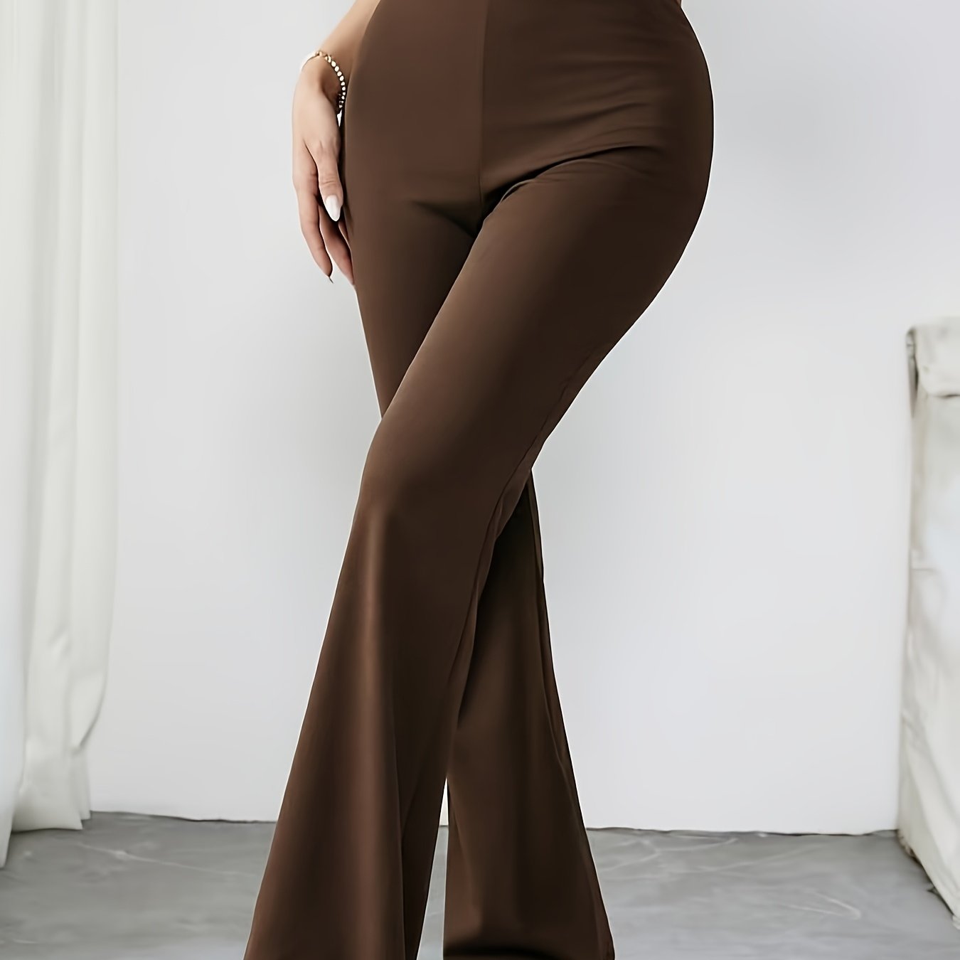 TEMU Petite Women's Casual Slim-fit Flare Pants, Style, Textured Medium-stretch High-waist -lifting Fit, Suitable For Occasions, Versatile For All ,