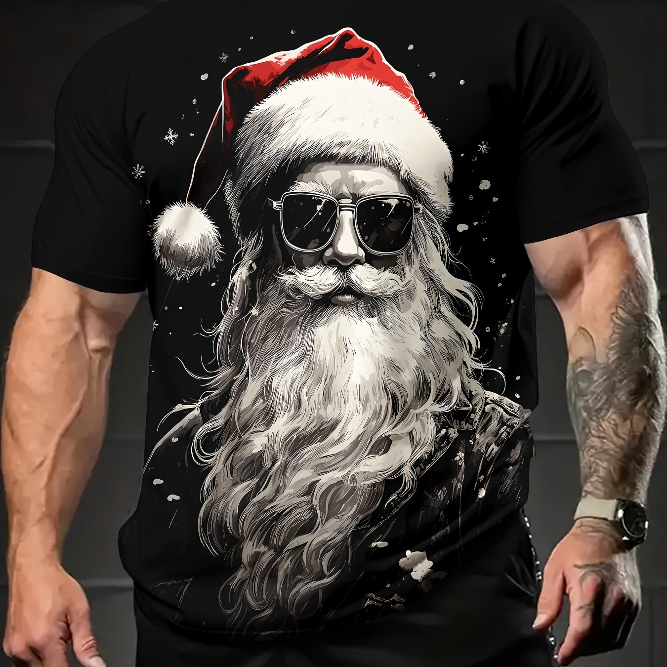 TEMU Men's Cool Santa Graphic Print T-shirt, Casual Crew Neck Short Sleeve Pullover, 100% Knit Fabric, Stretch, Regular Fit, For Weekend Casual Wear