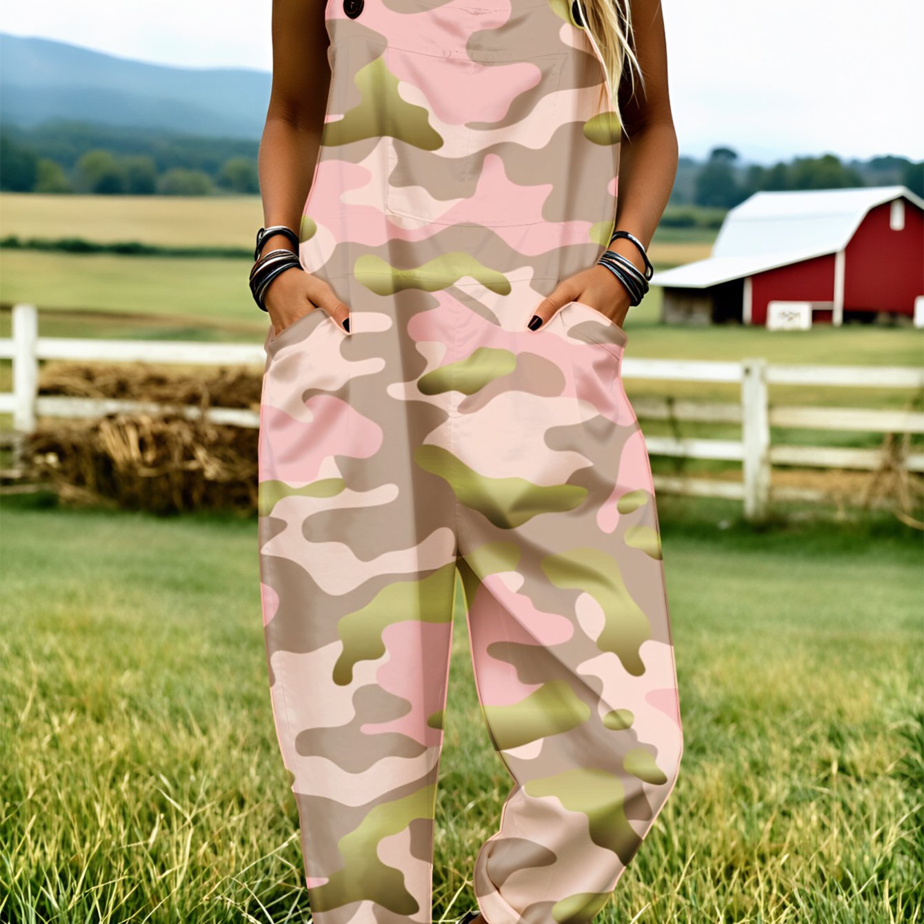 Image of Plus Size, Plus Size Women's Overalls 0xl-5xl Pink Camouflage Pattern Print Design Comfortable And Breathable Wide-leg Pants Fashionable Clothing Polyester Fiber Summer Clothing