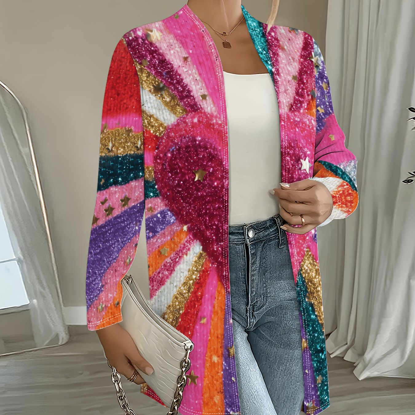 TEMU Women's Printed Open Collar Cardigan Jacket, Beautiful Pattern - Lightweight Elegant Long Sleeve Casual Textured Jacket, Elegant And Stylish For