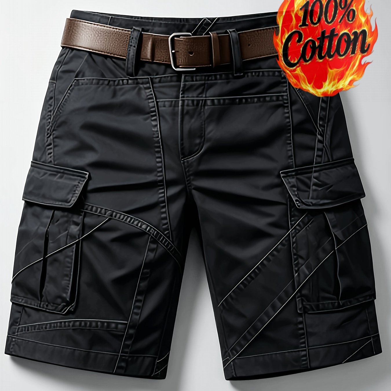 Image of 1pc Men' Contrast Cargo Shorts With Multi-pocket Utility Belt Suitable For Outdoor, Streetwear & Vacation - Relaxed Fit Zipper Pocket Short Pants, Belt Not Included, Machine Washable Casual Wear