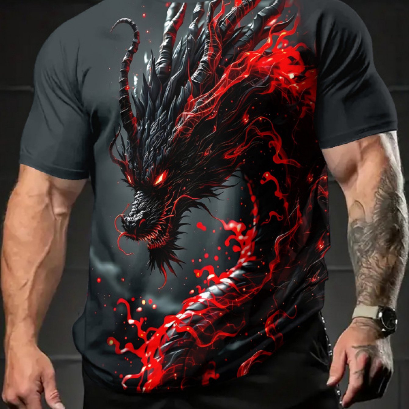 TEMU Men's Dragon Print T-shirt - Flame Neck Short Sleeve Top | Suitable For, Gym, Casual Wear | Machine Washable Summer Shirt With Dragon Graphics