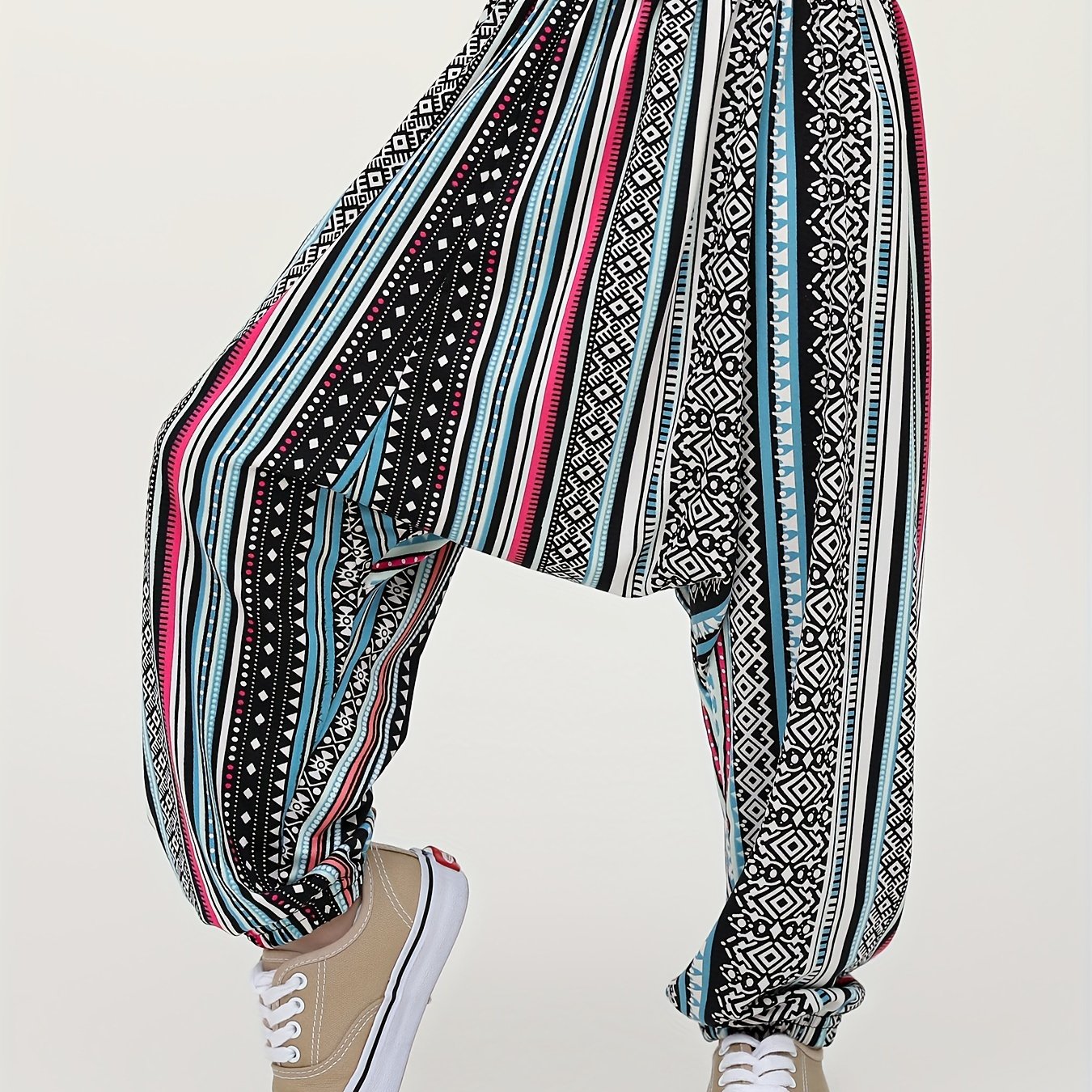 Image of Boys' Summer Pants, Unisex Loose-fit Bohemian Print Drop-crotch Harem Pants, Thin Lightweight Outdoor Cool Kids' Trousers For Medium And Large Children, Perfect For Outdoor