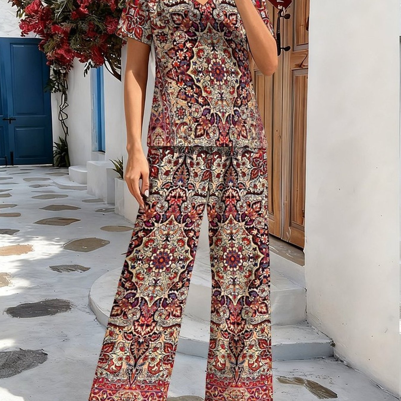 Women's Comfortable, Fashionable And Elegant V-neck Short Sleeves + Loose Pants Pattern Print Suitable For Daily Life, Home, Leisure, Commuting, Shopping, Parties And Camping