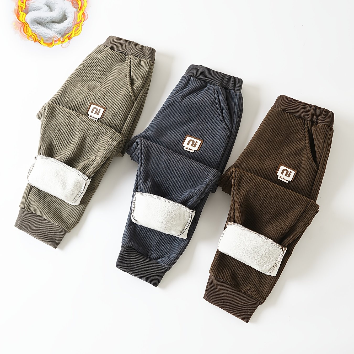 Image of 3pcs Boys' Corduroen Winter Pants With Corduroy Exterior & Warm - Loose-fit Striped Casual Outdoor Pants Suitable For Fall/winter, Pockets, Hand Washable (3pcs Bundle)
